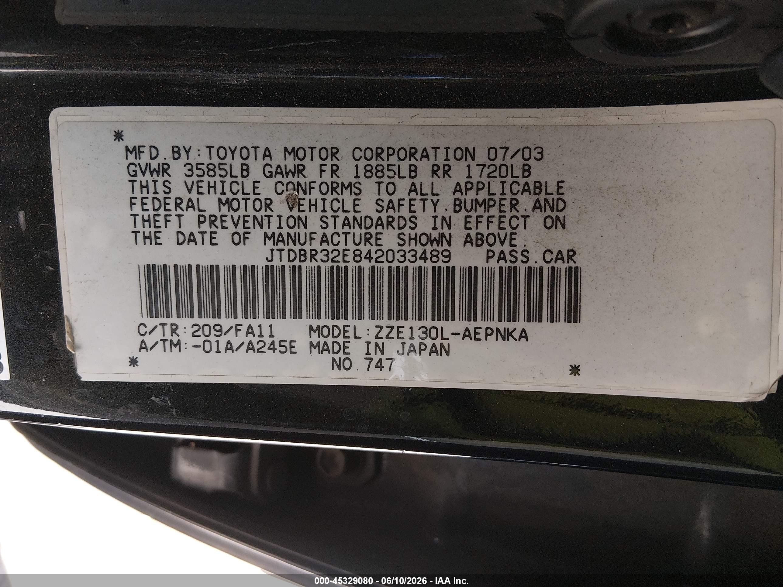 2004 Toyota Corolla Le Black vin: JTDBR32E842033489