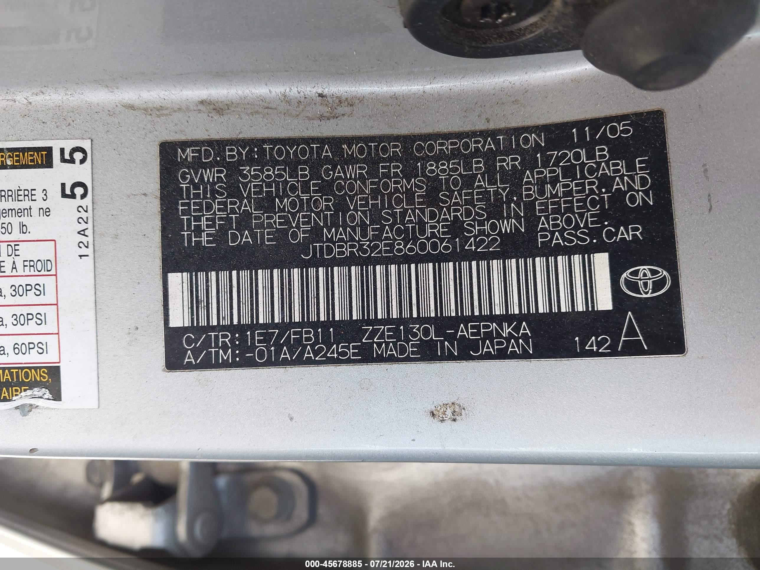 2006 Toyota Corolla Le Серебряный vin: JTDBR32E860061422