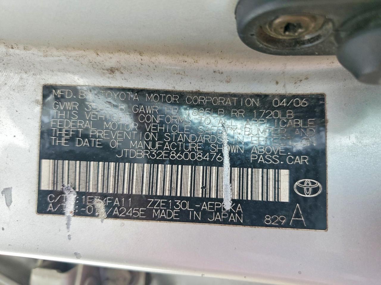 2006 Toyota Corolla Ce Silver vin: JTDBR32E860084764