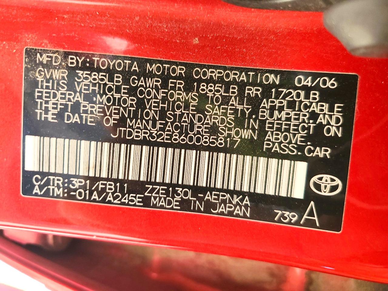 2006 Toyota Corolla Le Red vin: JTDBR32E860085817