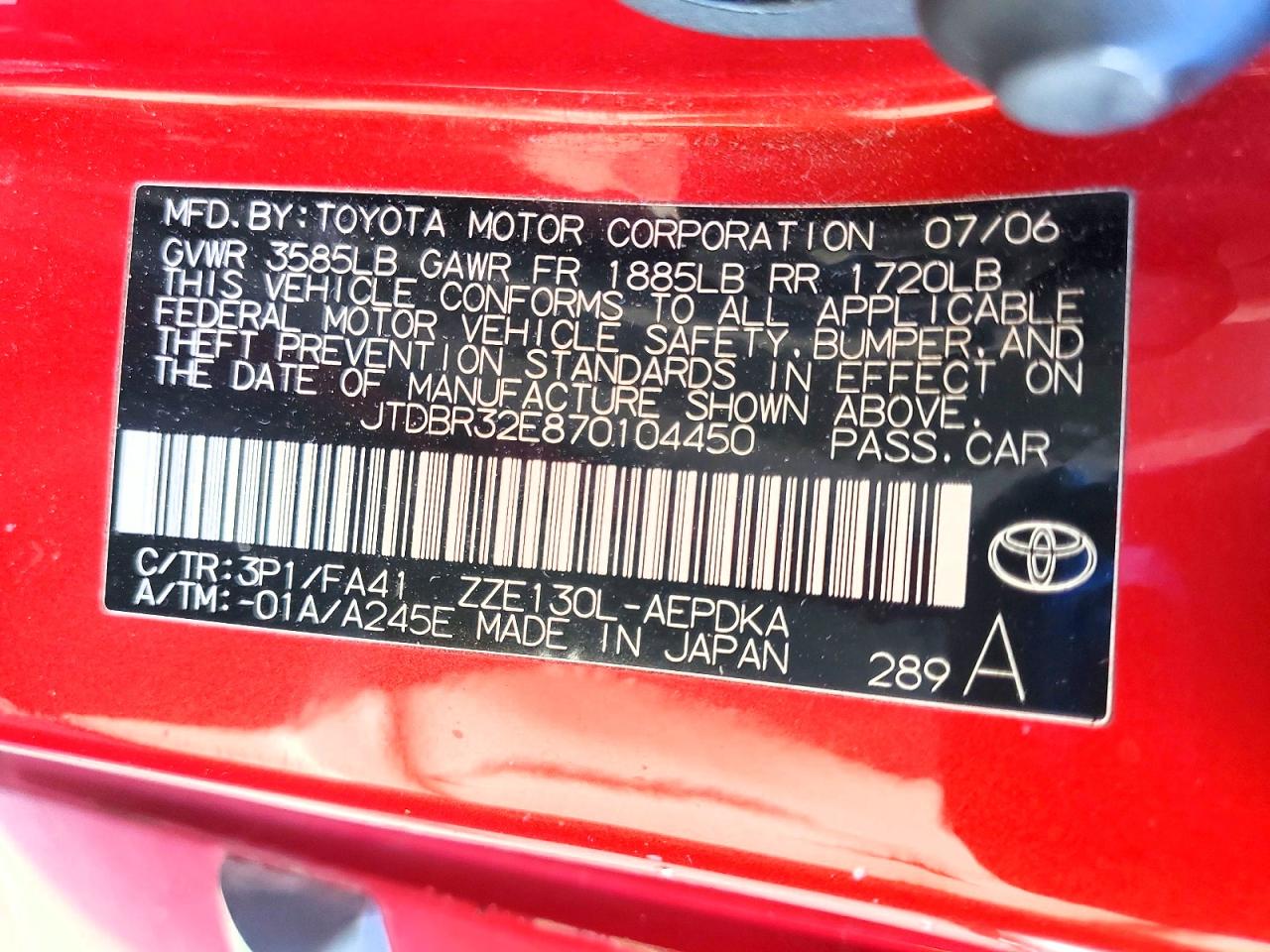 2007 Toyota Corolla Ce Red vin: JTDBR32E870104450