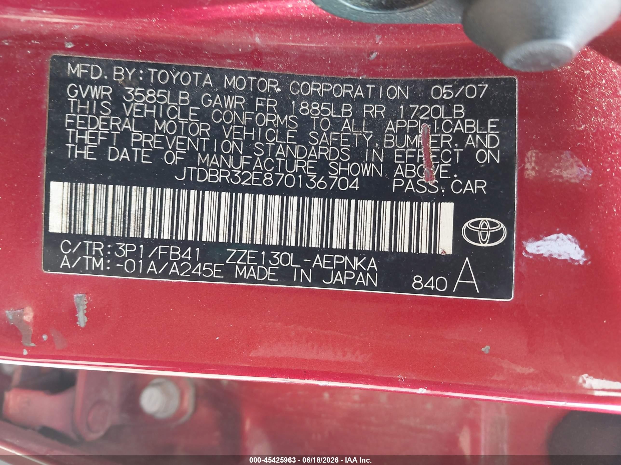 2007 Toyota Corolla Le Red vin: JTDBR32E870136704