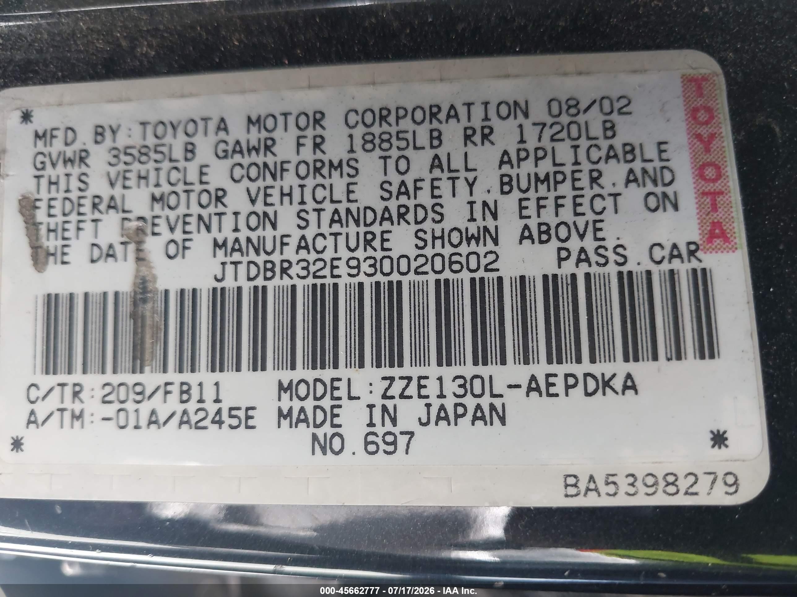 2003 Toyota Corolla Ce Black vin: JTDBR32E930020602