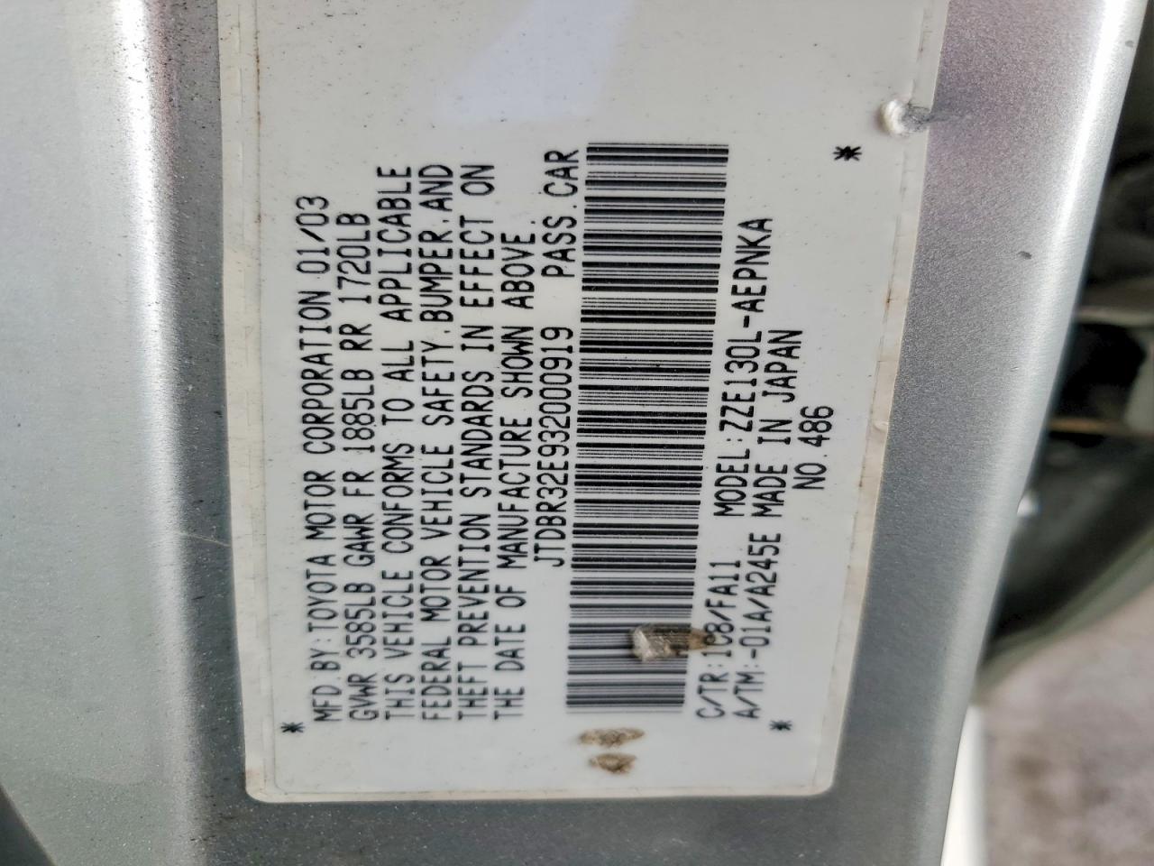 2003 Toyota Corolla Le Silver vin: JTDBR32E932000919