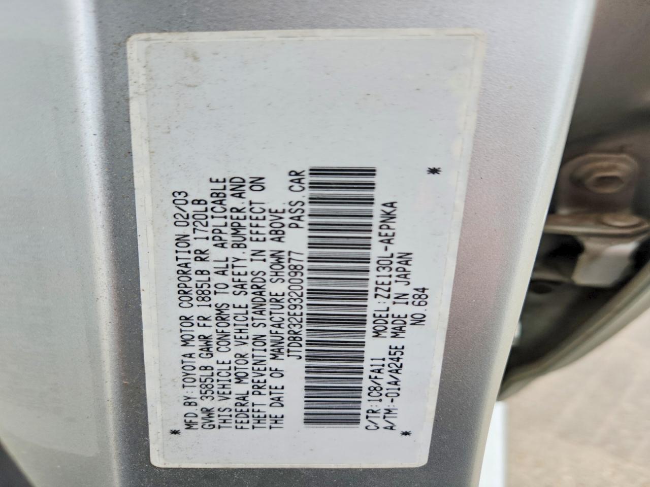 2003 Toyota Corolla Le Серебряный vin: JTDBR32E932009877