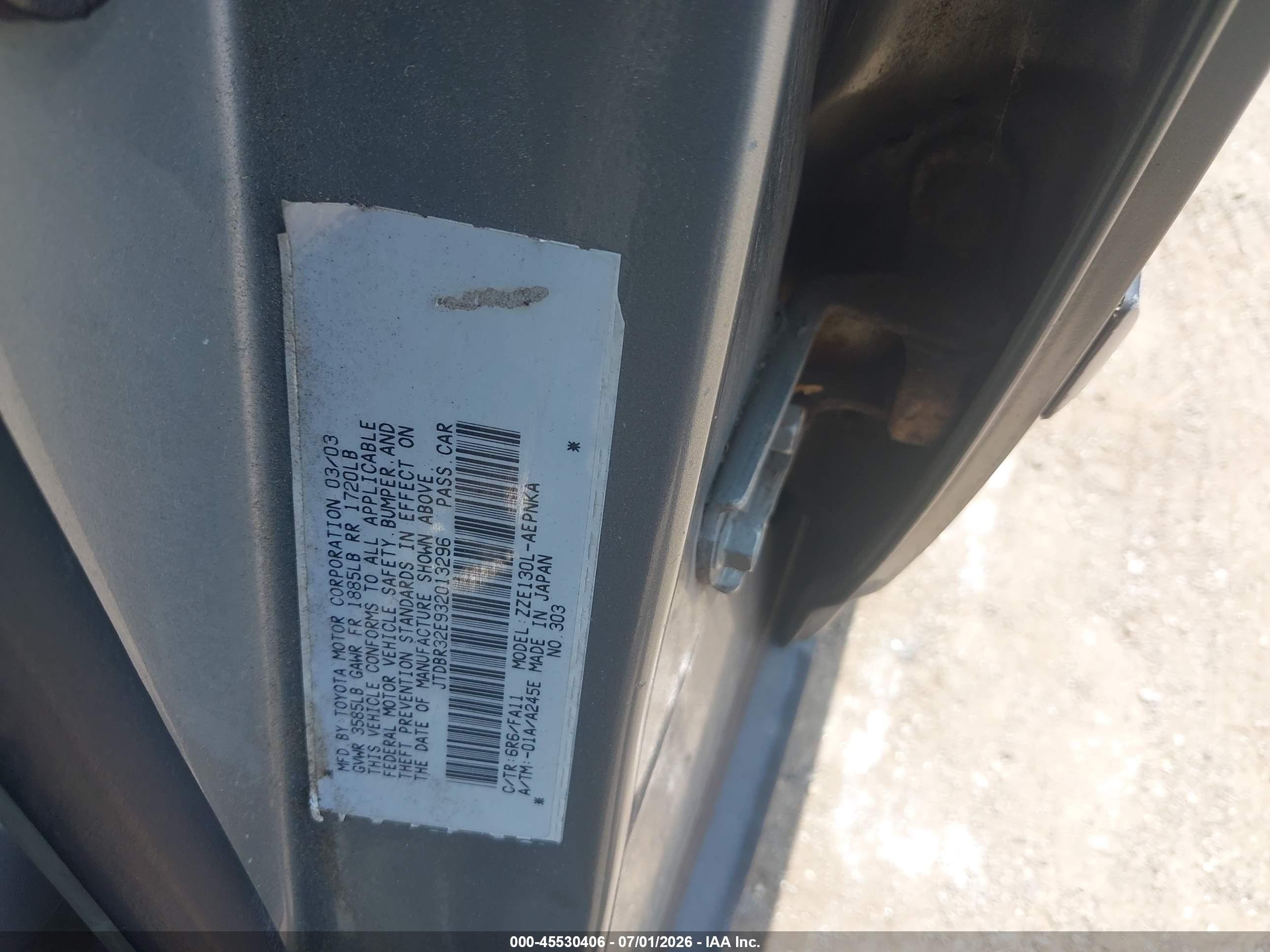 2003 Toyota Corolla Le Silver vin: JTDBR32E932013296
