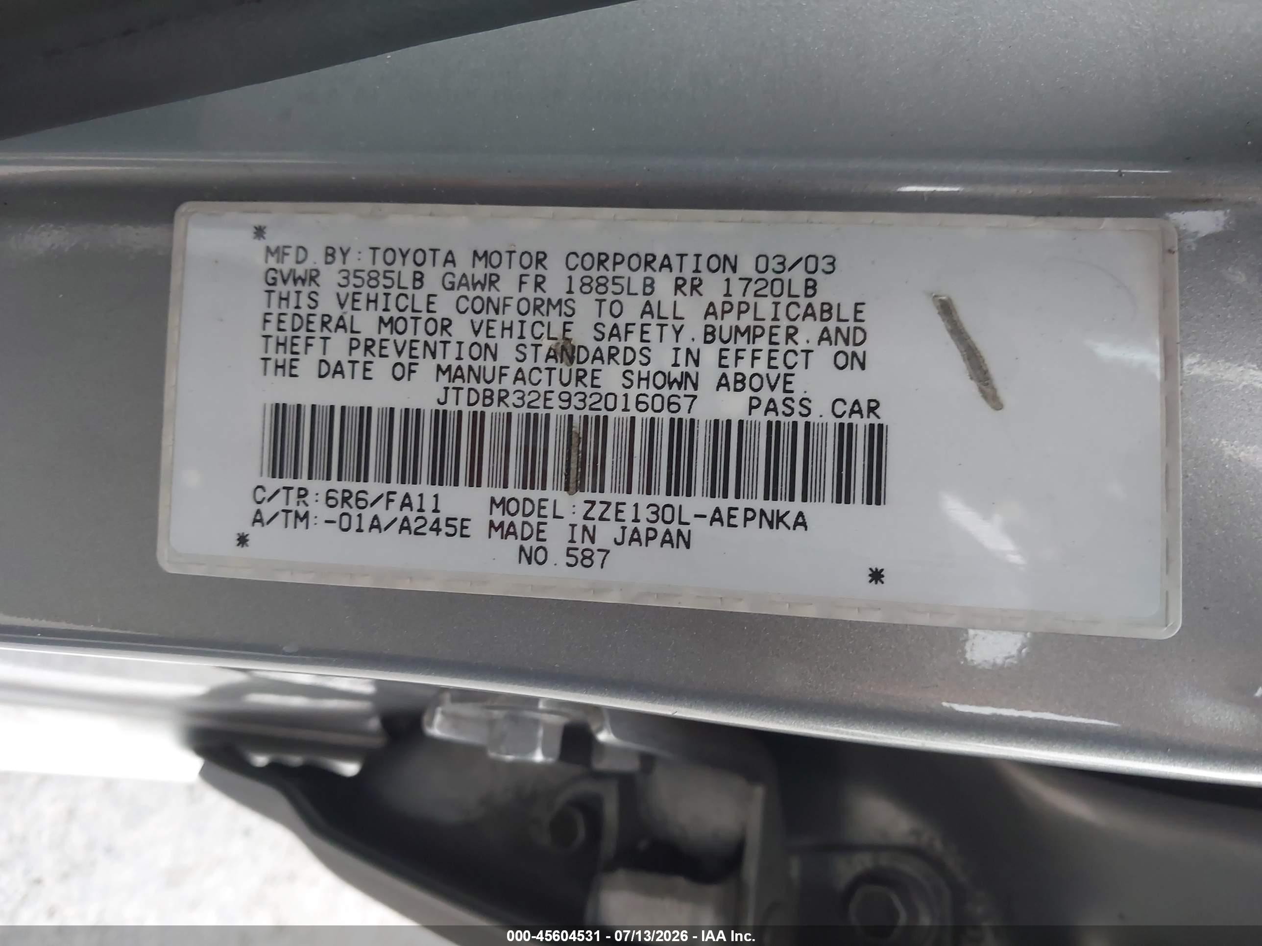 2003 Toyota Corolla Le Gray vin: JTDBR32E932016067