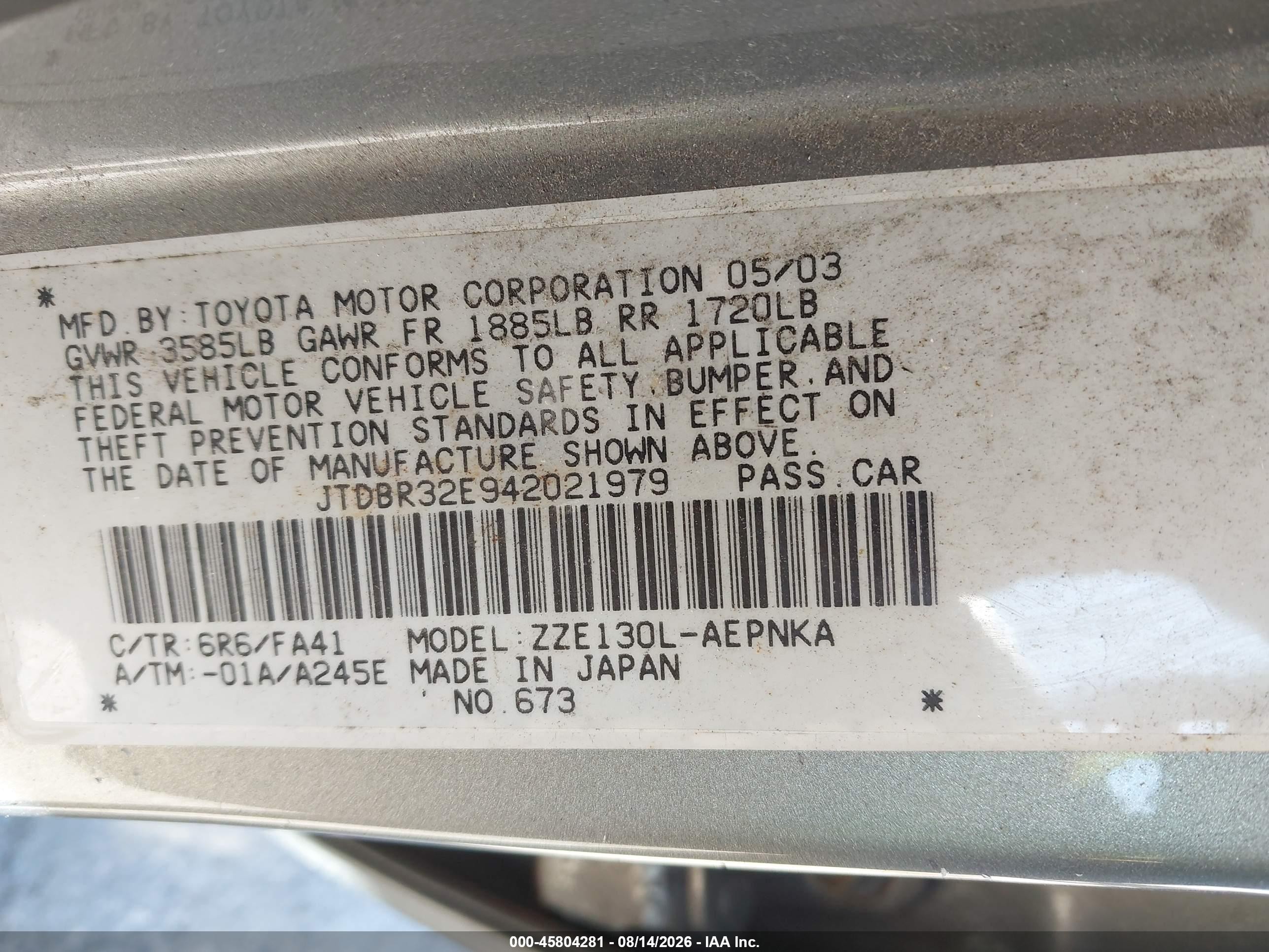 2004 Toyota Corolla Le Серый vin: JTDBR32E942021979