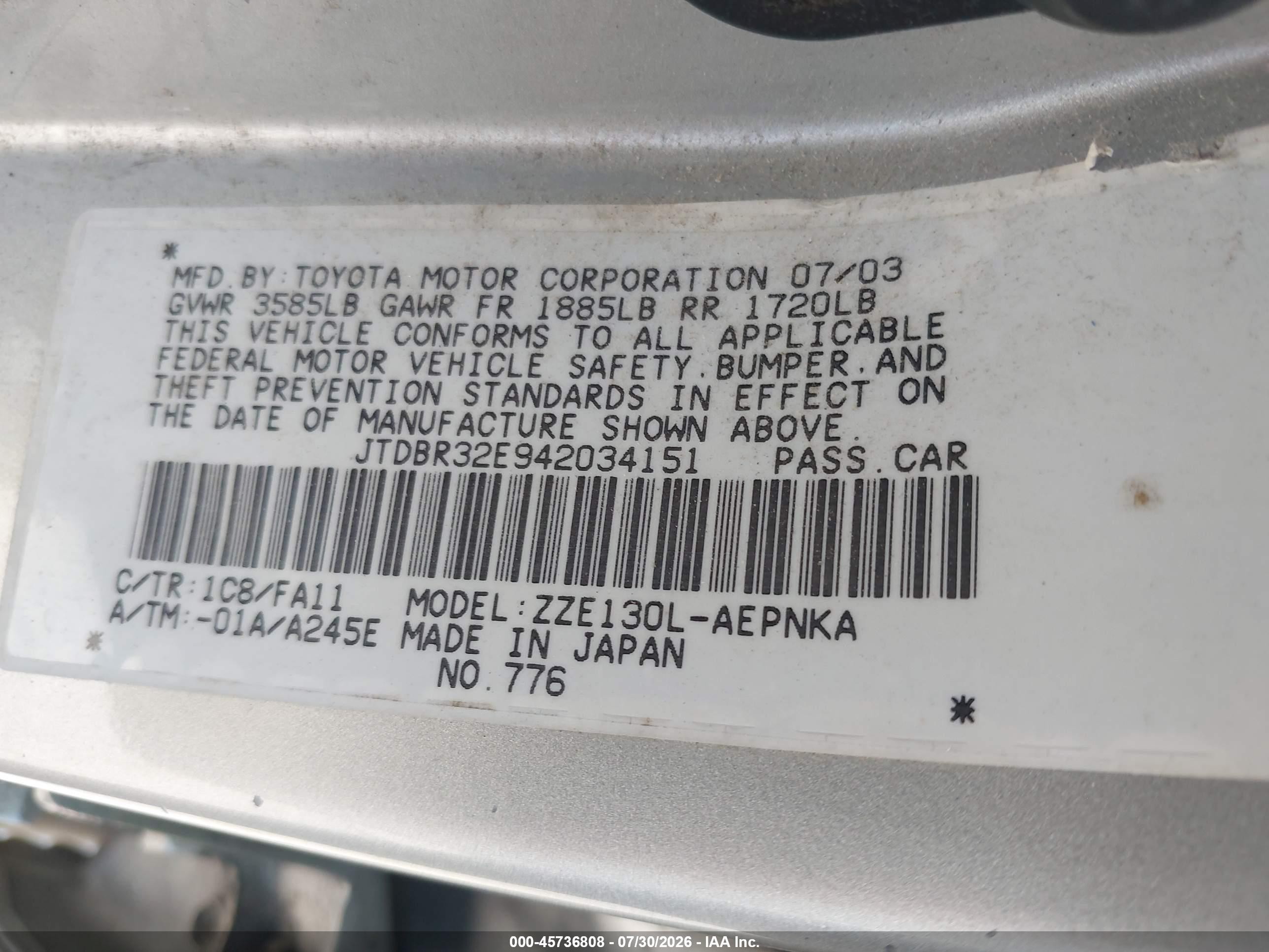 2004 Toyota Corolla Le Silver vin: JTDBR32E942034151