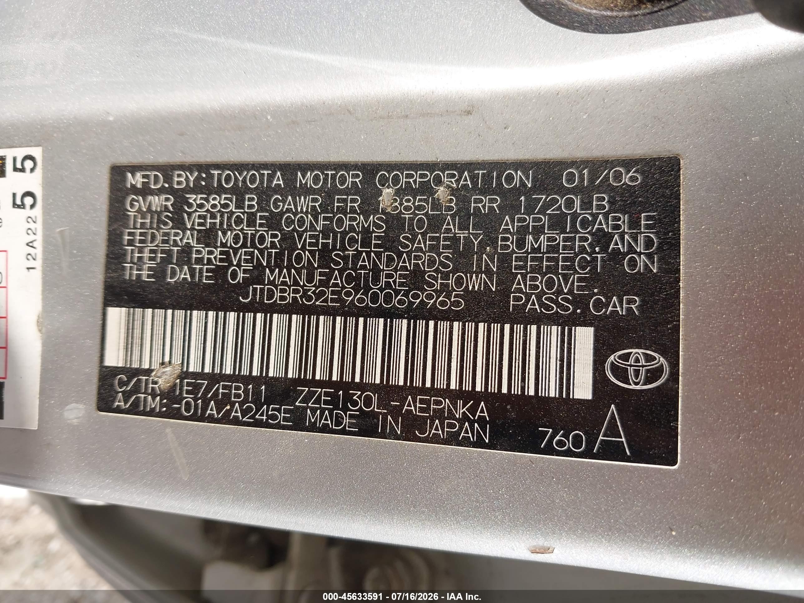 2006 Toyota Corolla Le Silver vin: JTDBR32E960069965