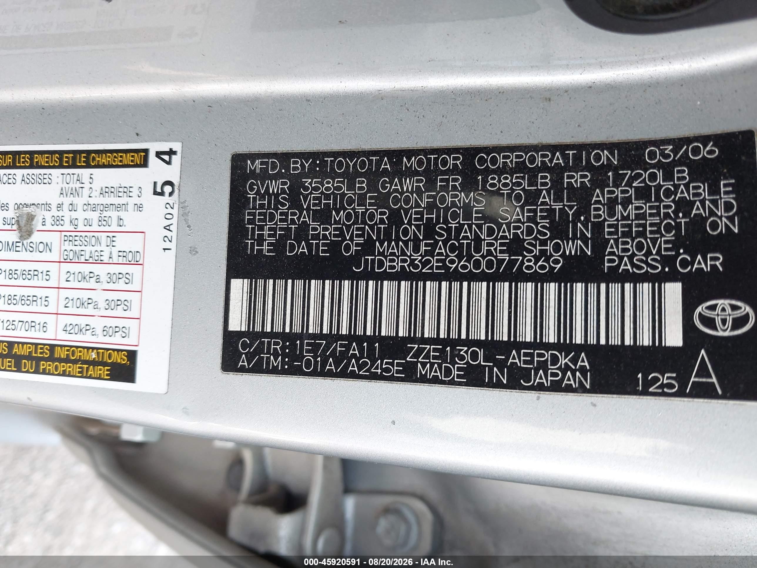 2006 Toyota Corolla Ce Silver vin: JTDBR32E960077869