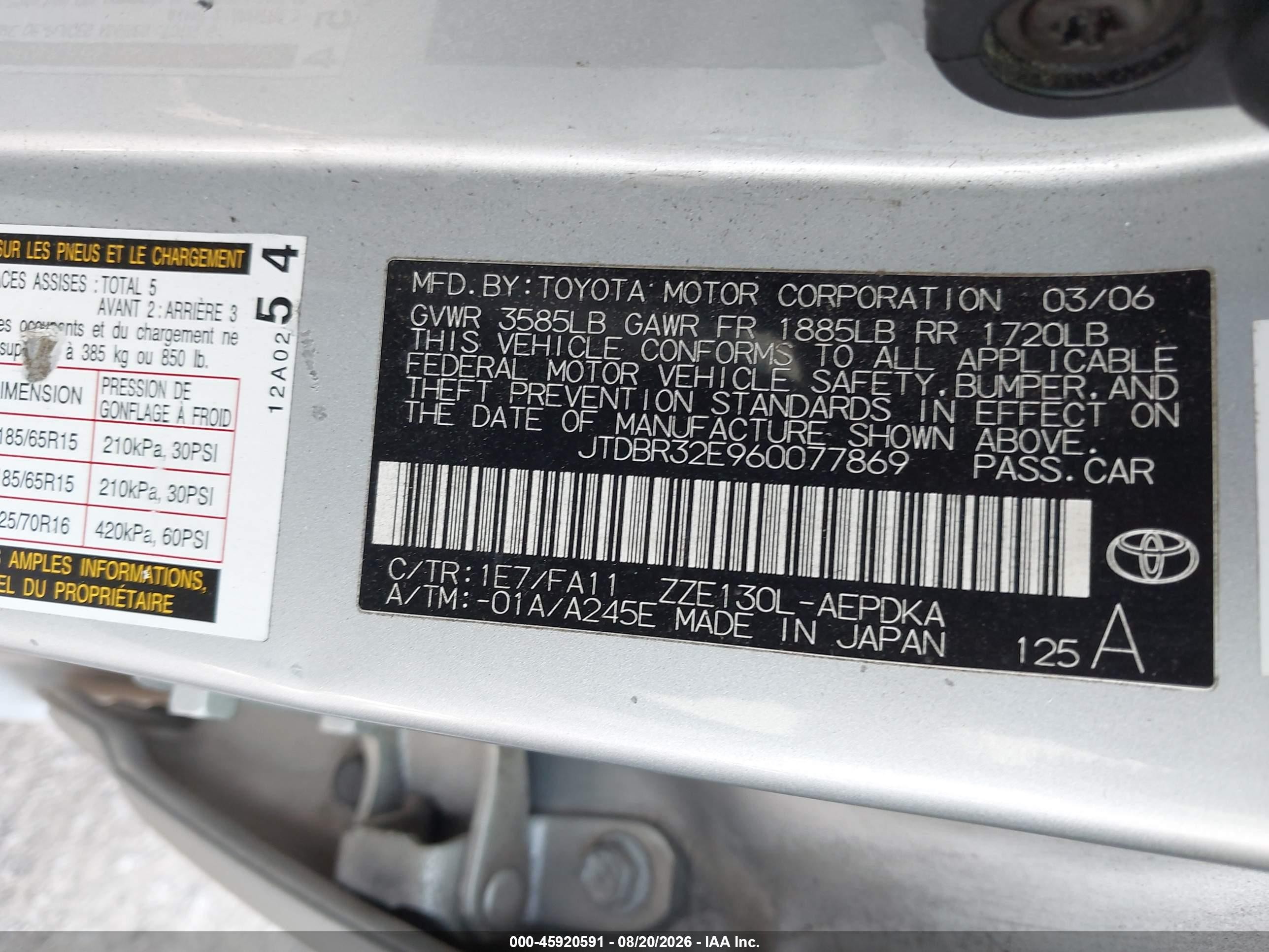 2006 Toyota Corolla Ce Silver vin: JTDBR32E960077869