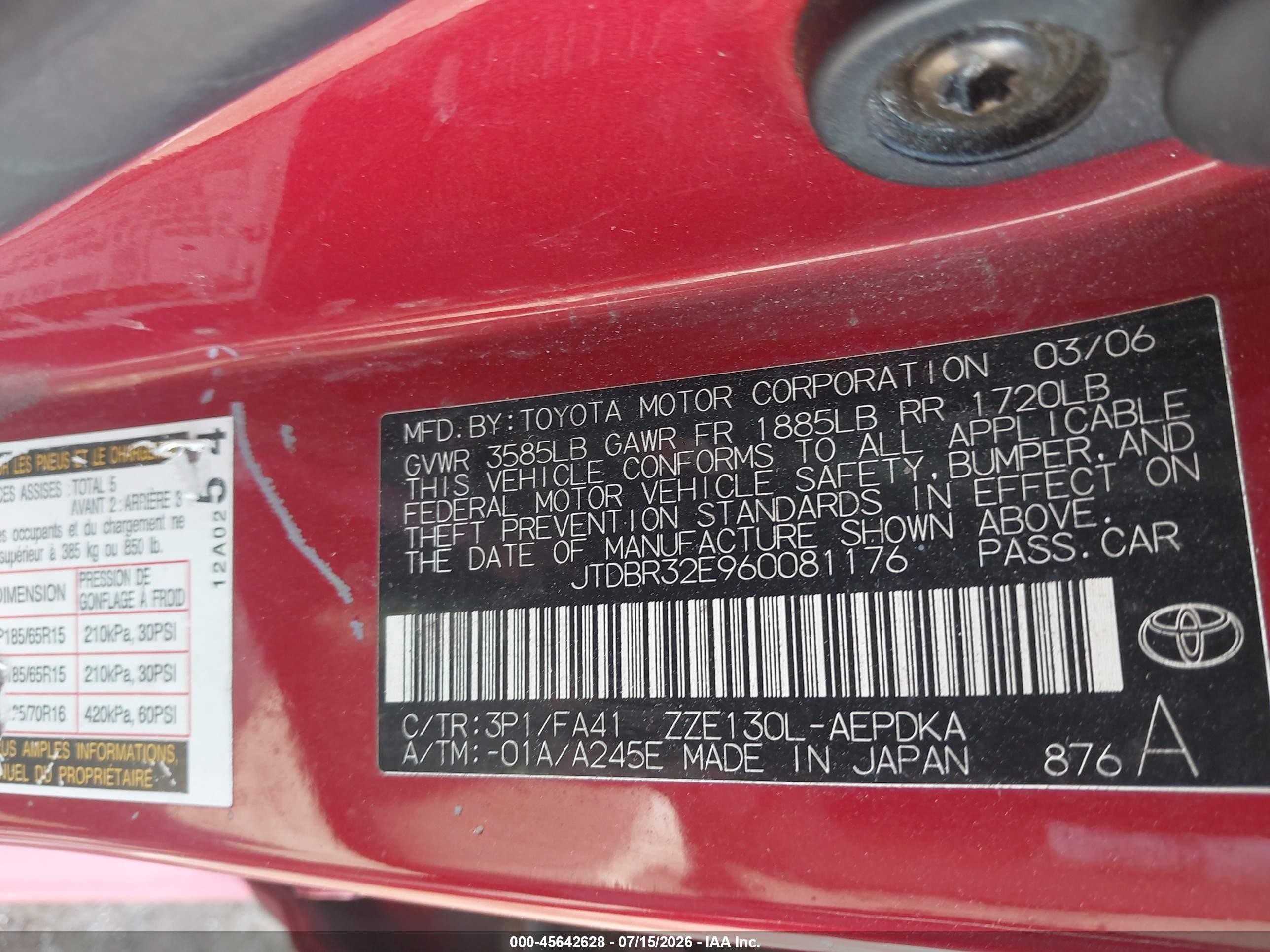 2006 Toyota Corolla Ce Red vin: JTDBR32E960081176