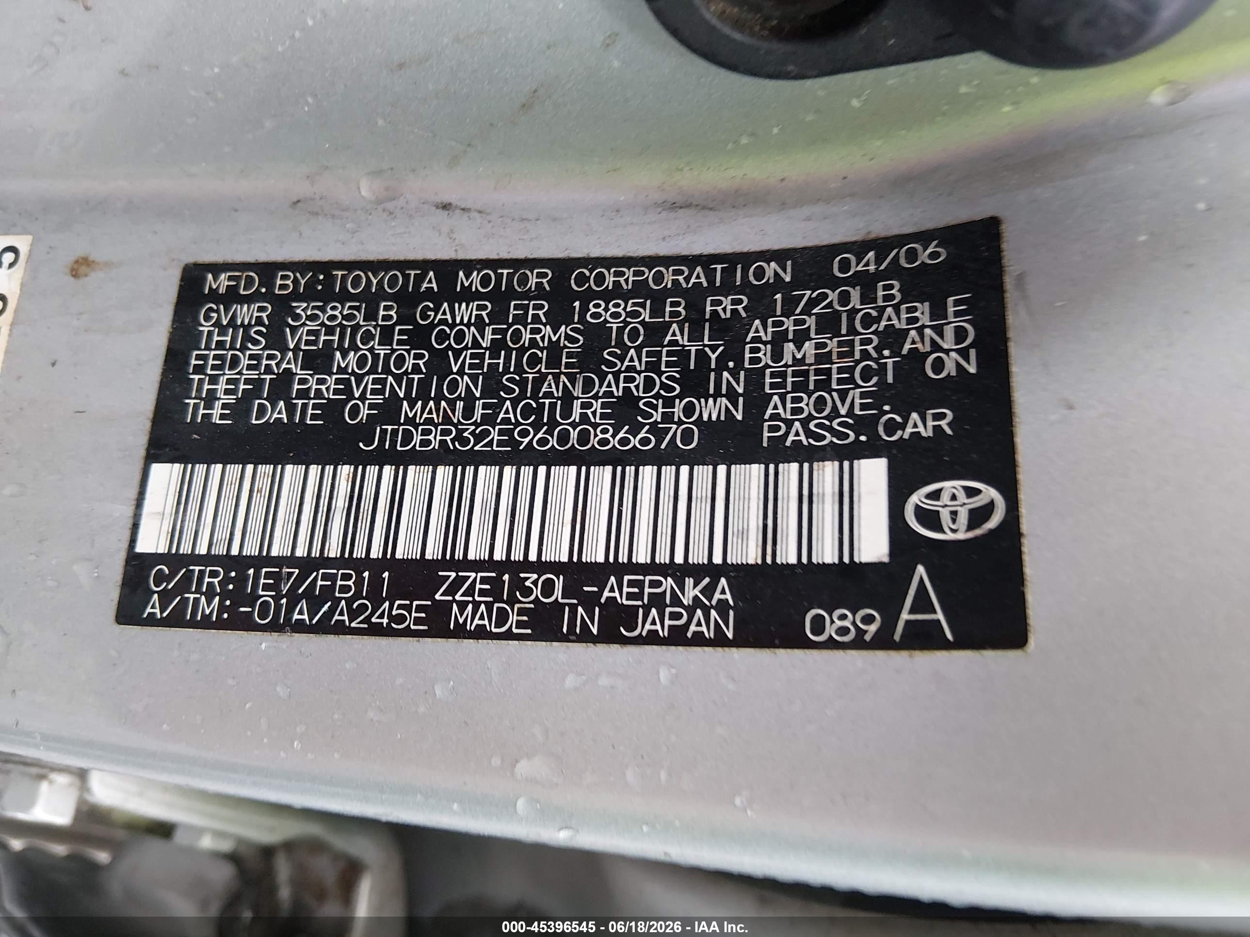 2006 Toyota Corolla Le Silver vin: JTDBR32E960086670