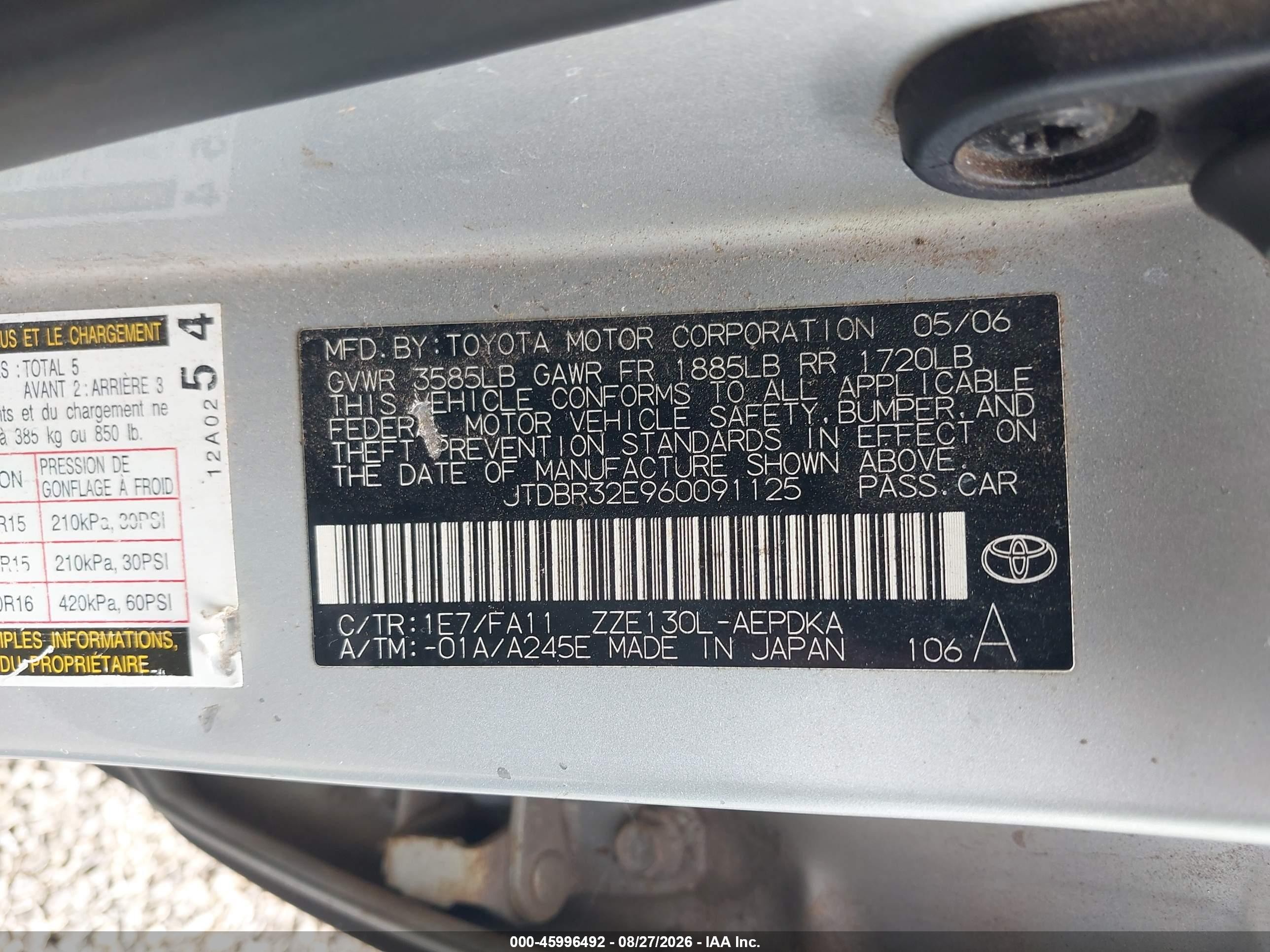 2006 Toyota Corolla Ce Черный vin: JTDBR32E960091125