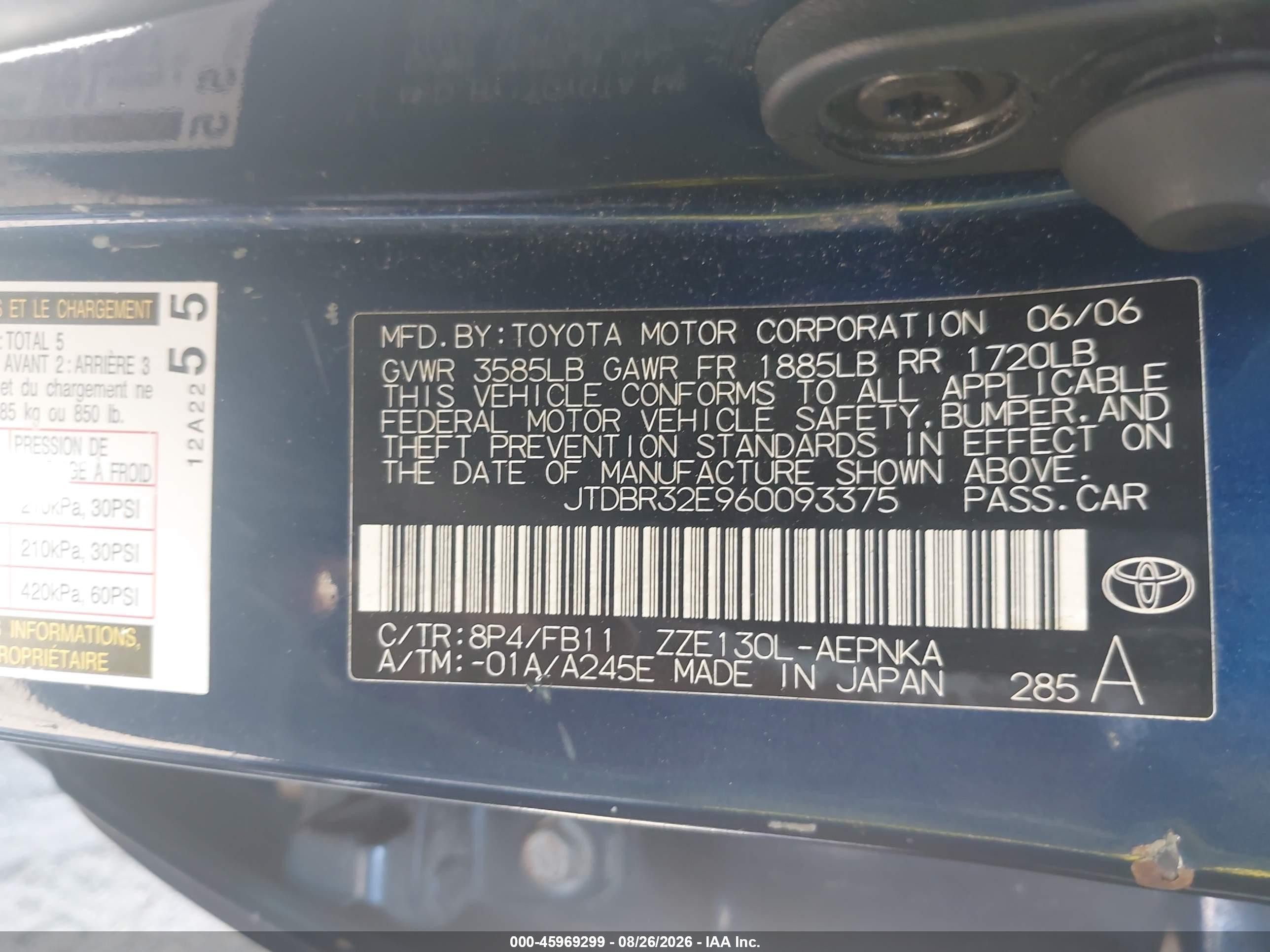 2006 Toyota Corolla Le Blue vin: JTDBR32E960093375