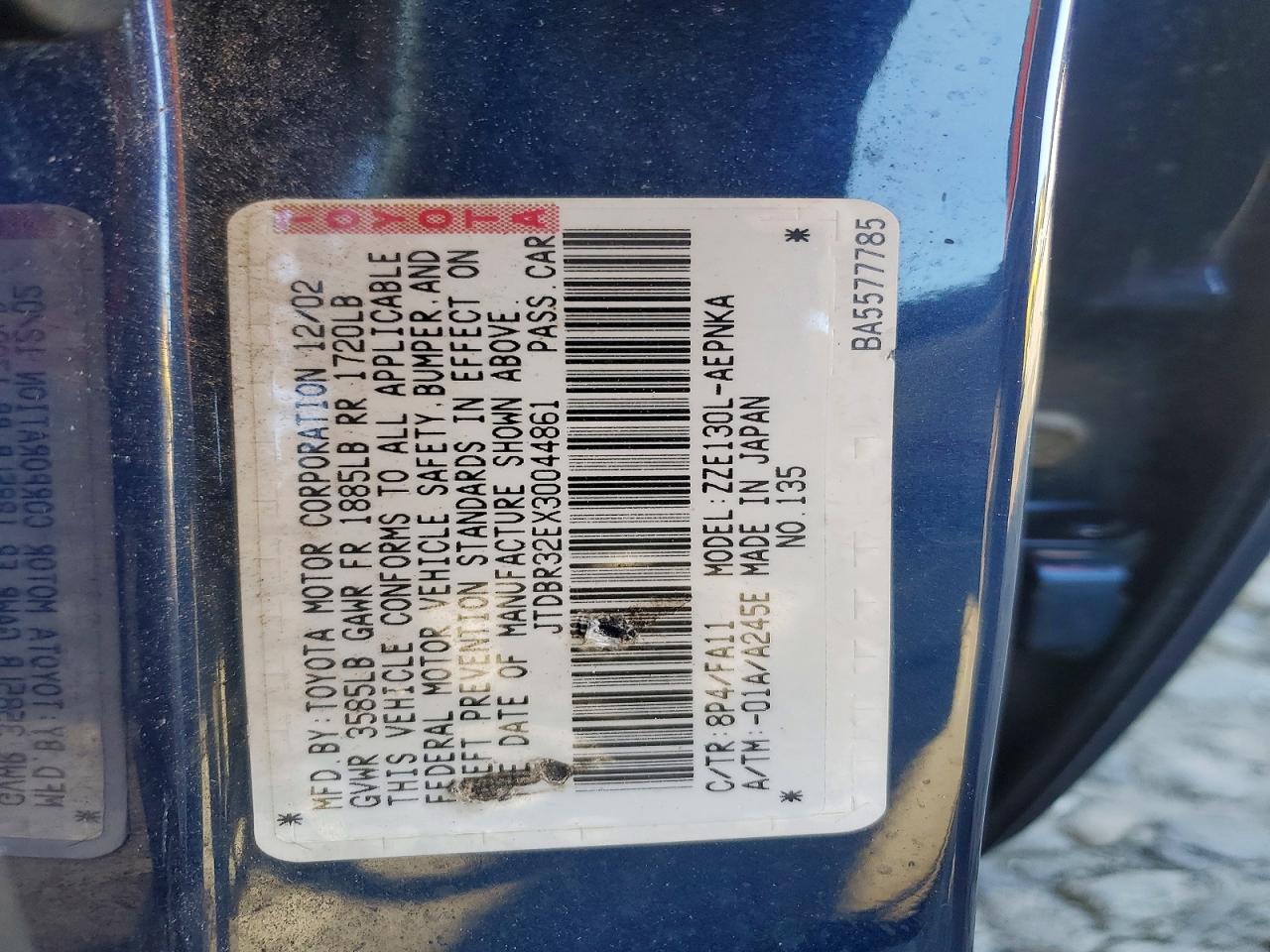 2003 Toyota Corolla Le Blue vin: JTDBR32EX30044861
