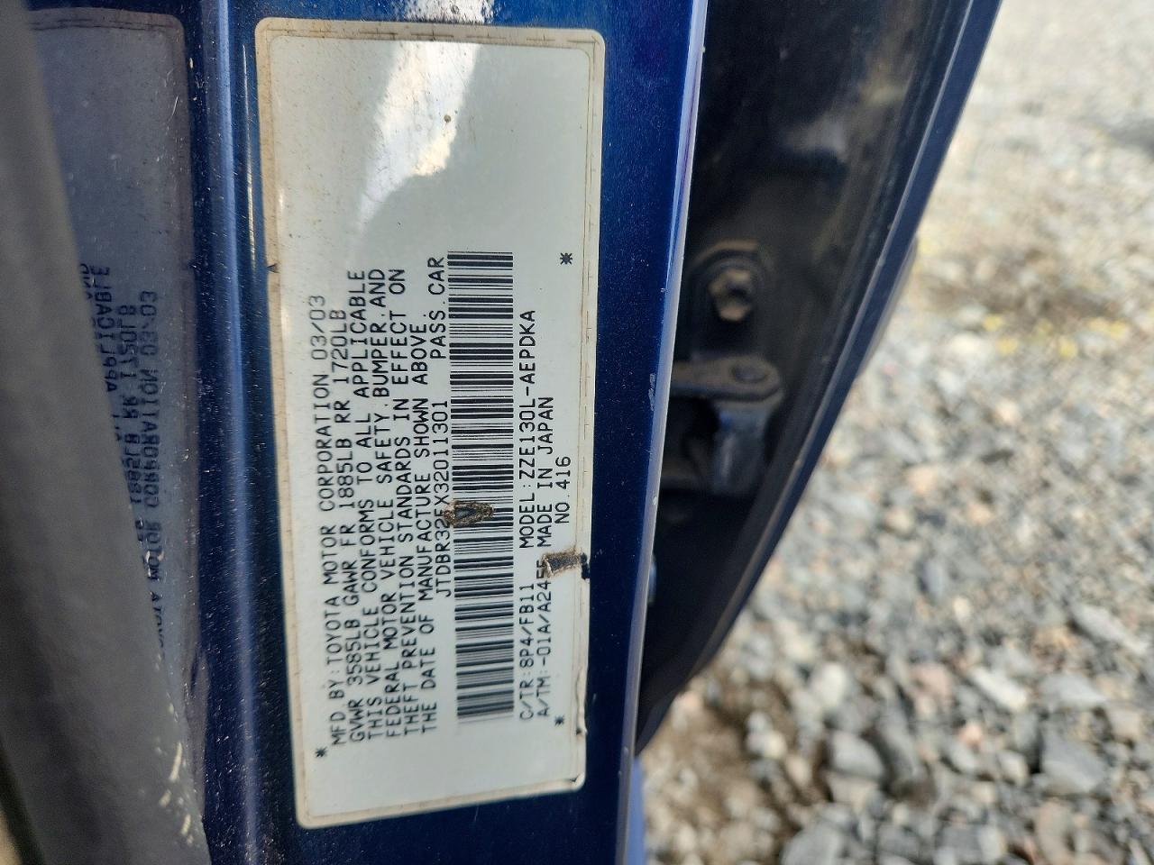 2003 Toyota Corolla Ce Blue vin: JTDBR32EX32011301