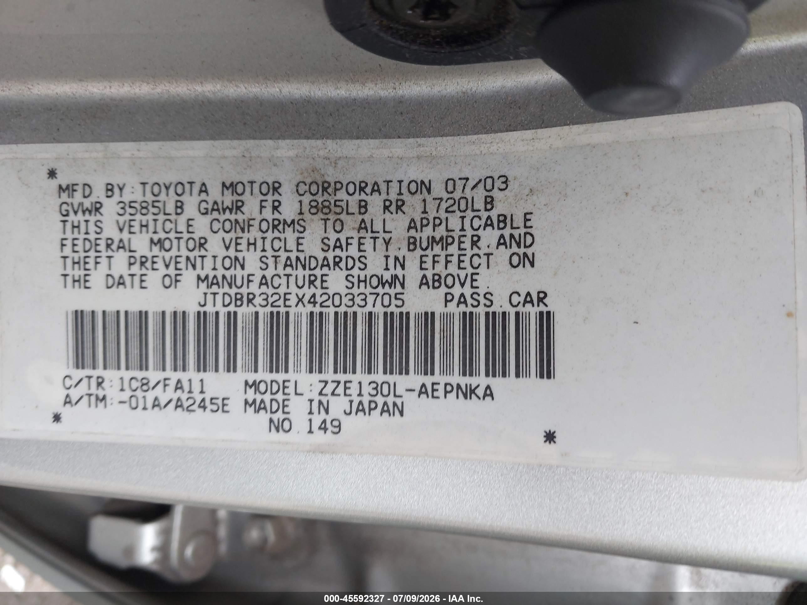 2004 Toyota Corolla Le Silver vin: JTDBR32EX42033705