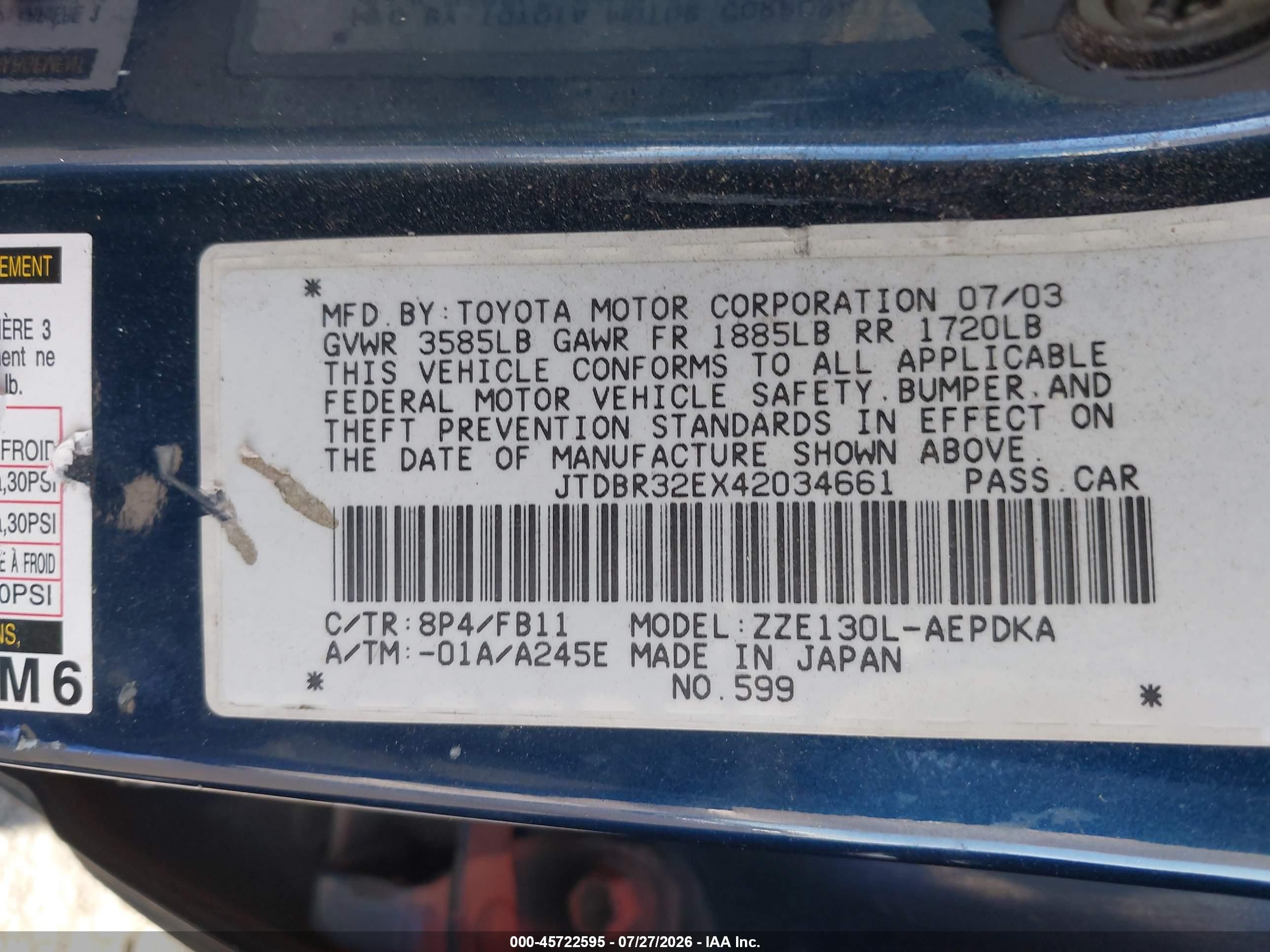 2004 Toyota Corolla Ce Blue vin: JTDBR32EX42034661