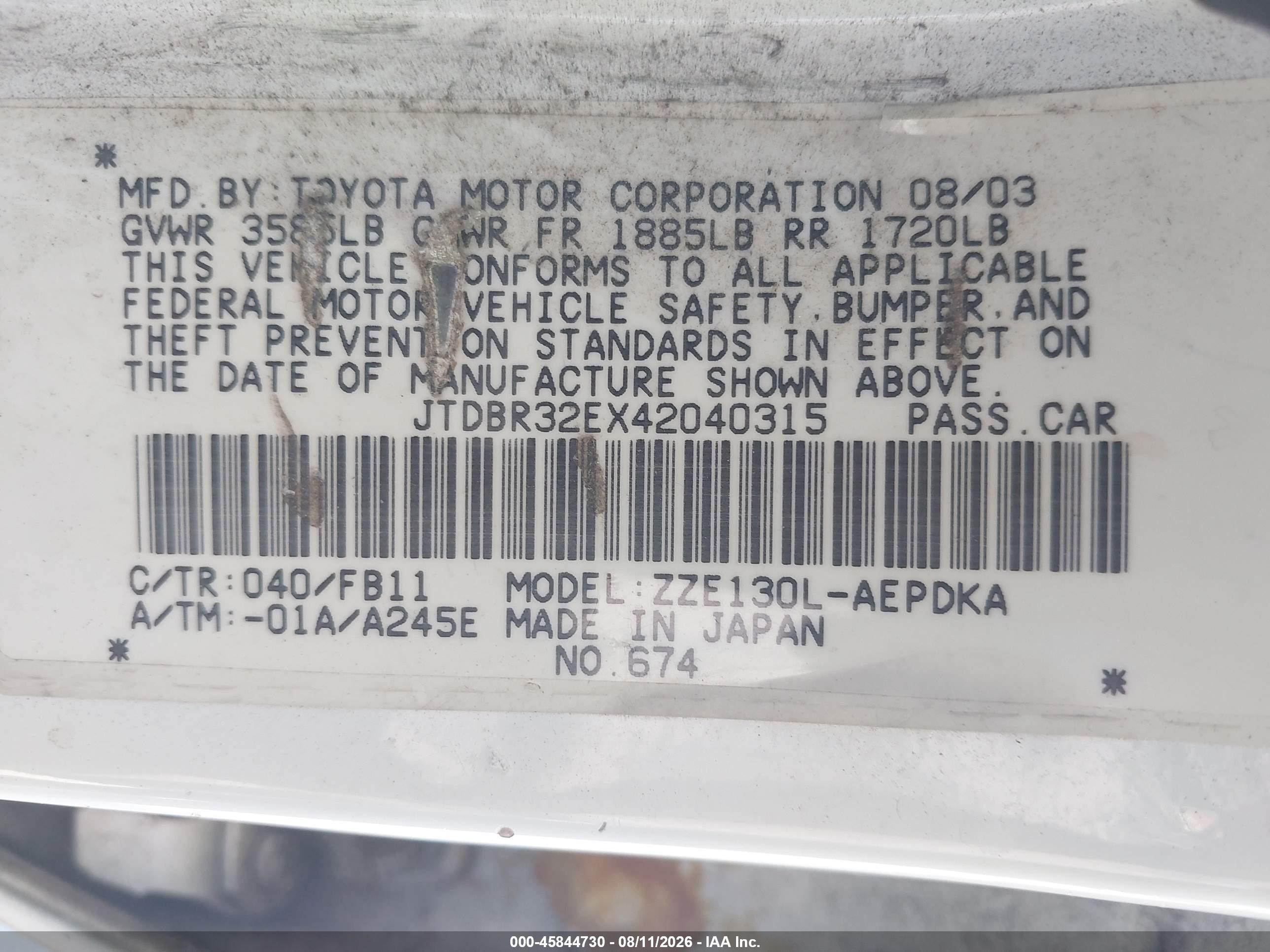 2004 Toyota Corolla Ce White vin: JTDBR32EX42040315