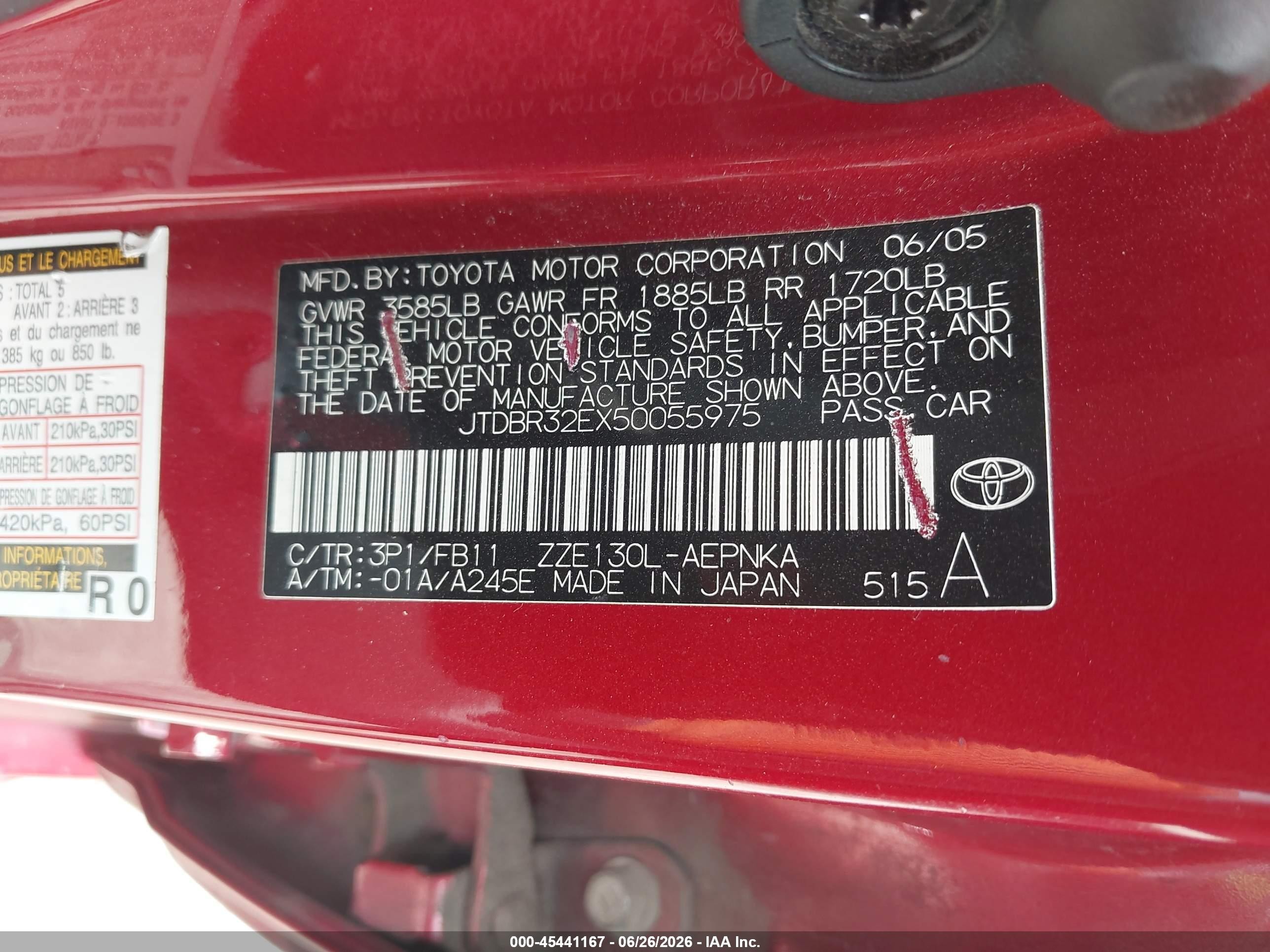 2005 Toyota Corolla Le Red vin: JTDBR32EX50055975
