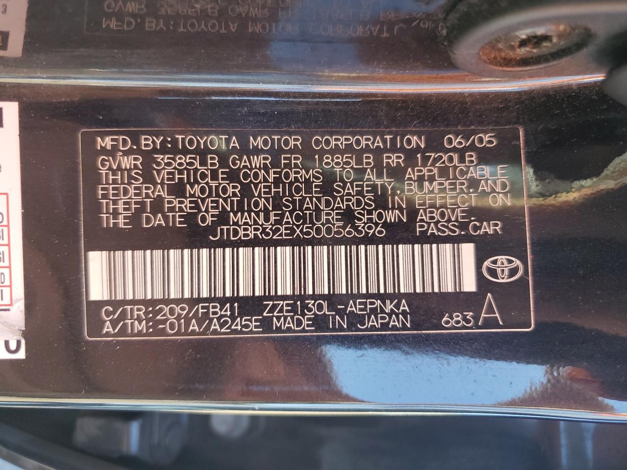 2005 Toyota Corolla Ce Black vin: JTDBR32EX50056396