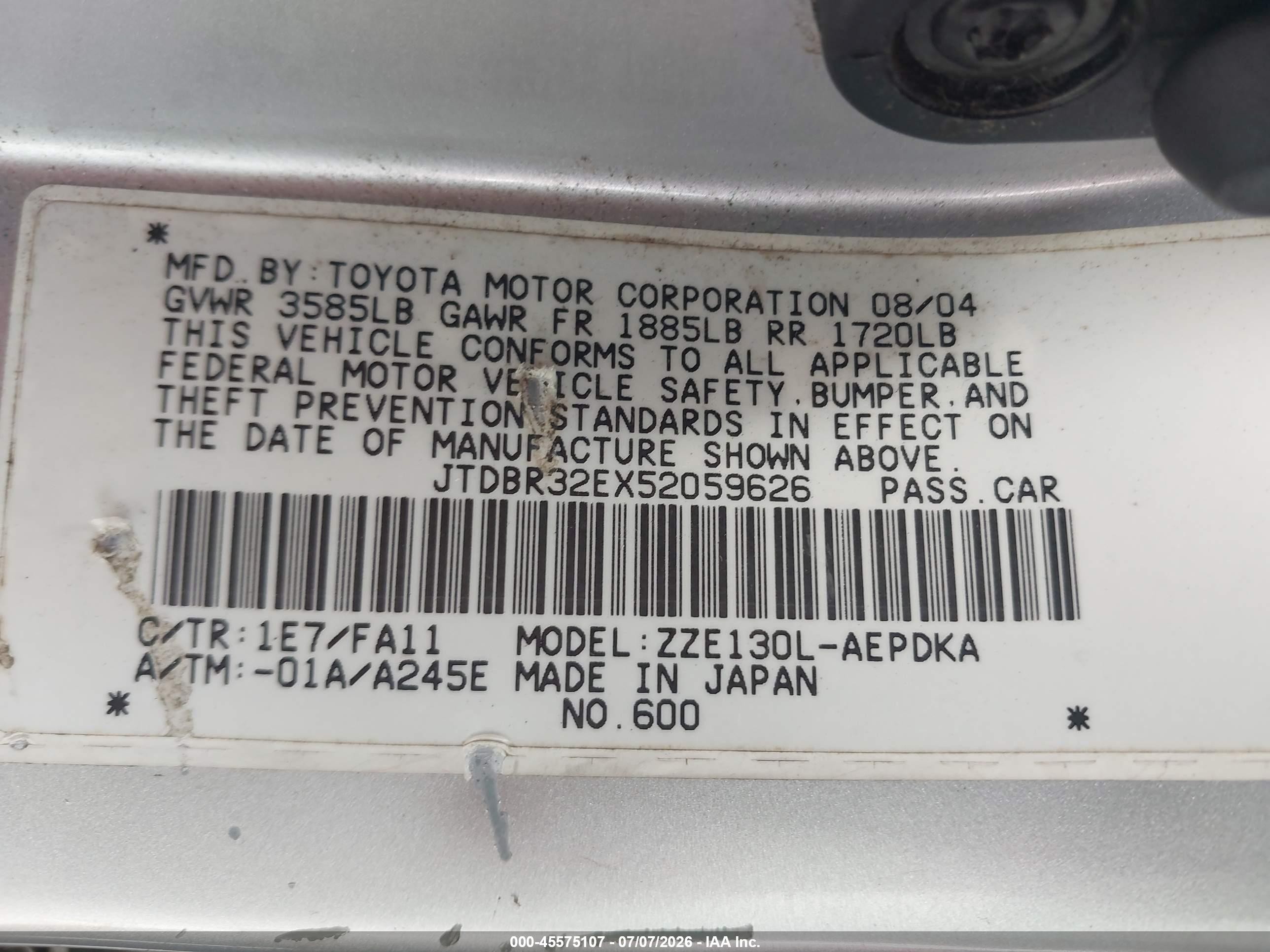 2005 Toyota Corolla Ce Silver vin: JTDBR32EX52059626