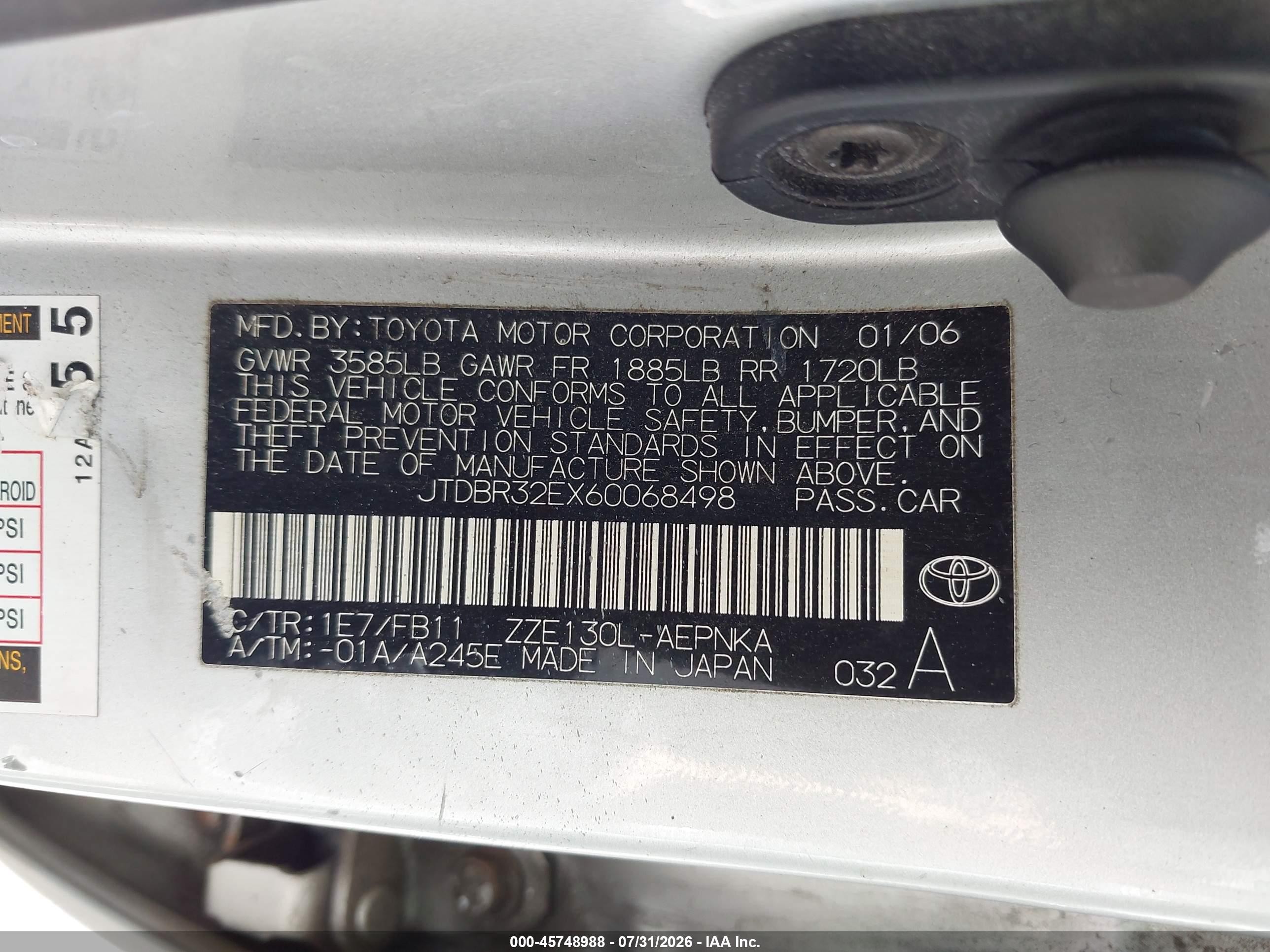 2006 Toyota Corolla Le Gray vin: JTDBR32EX60068498