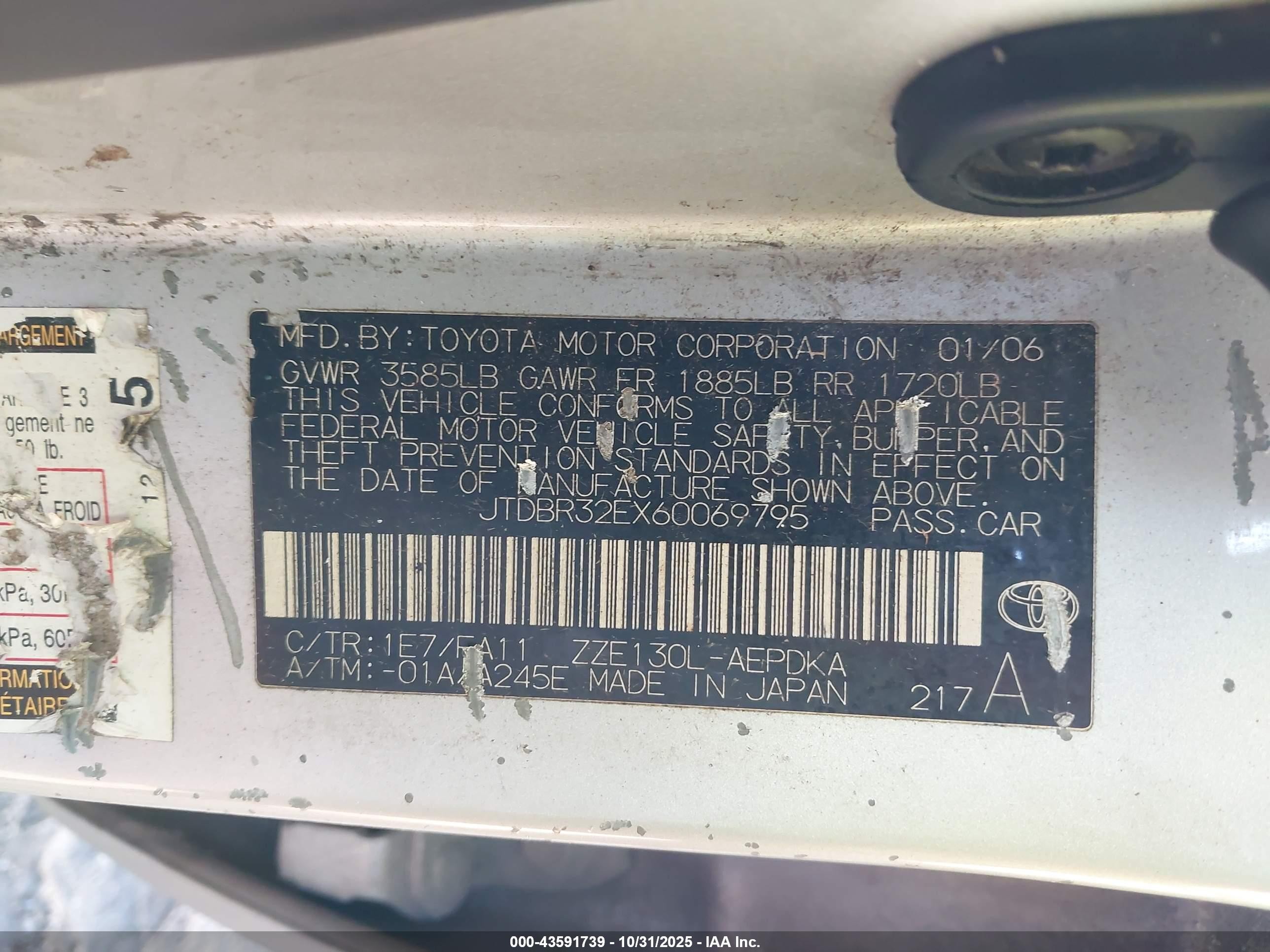 2006 Toyota Corolla Ce Silver vin: JTDBR32EX60069795