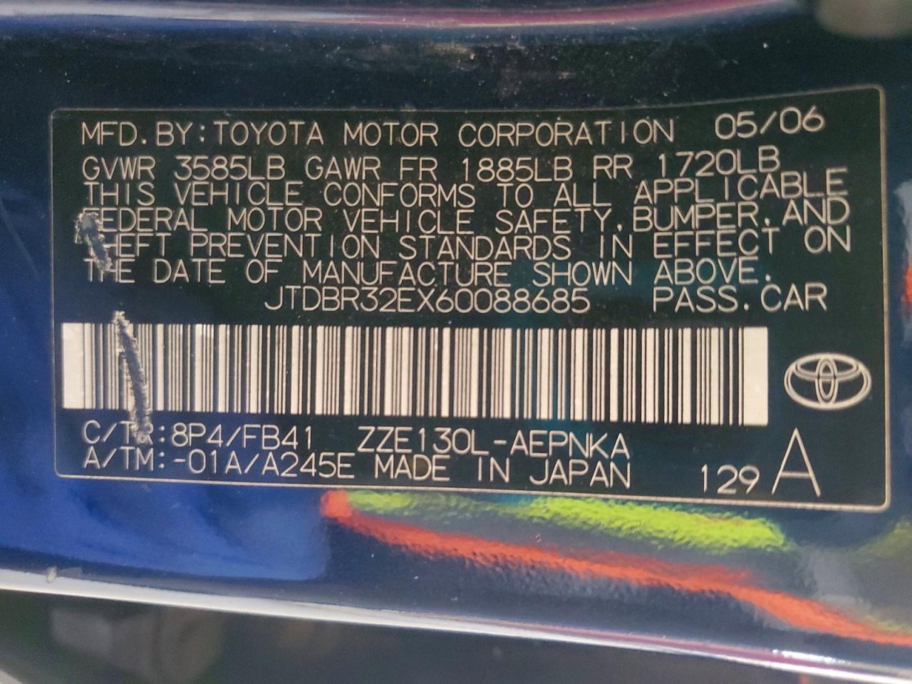 2006 Toyota Corolla Le Blue vin: JTDBR32EX60088685