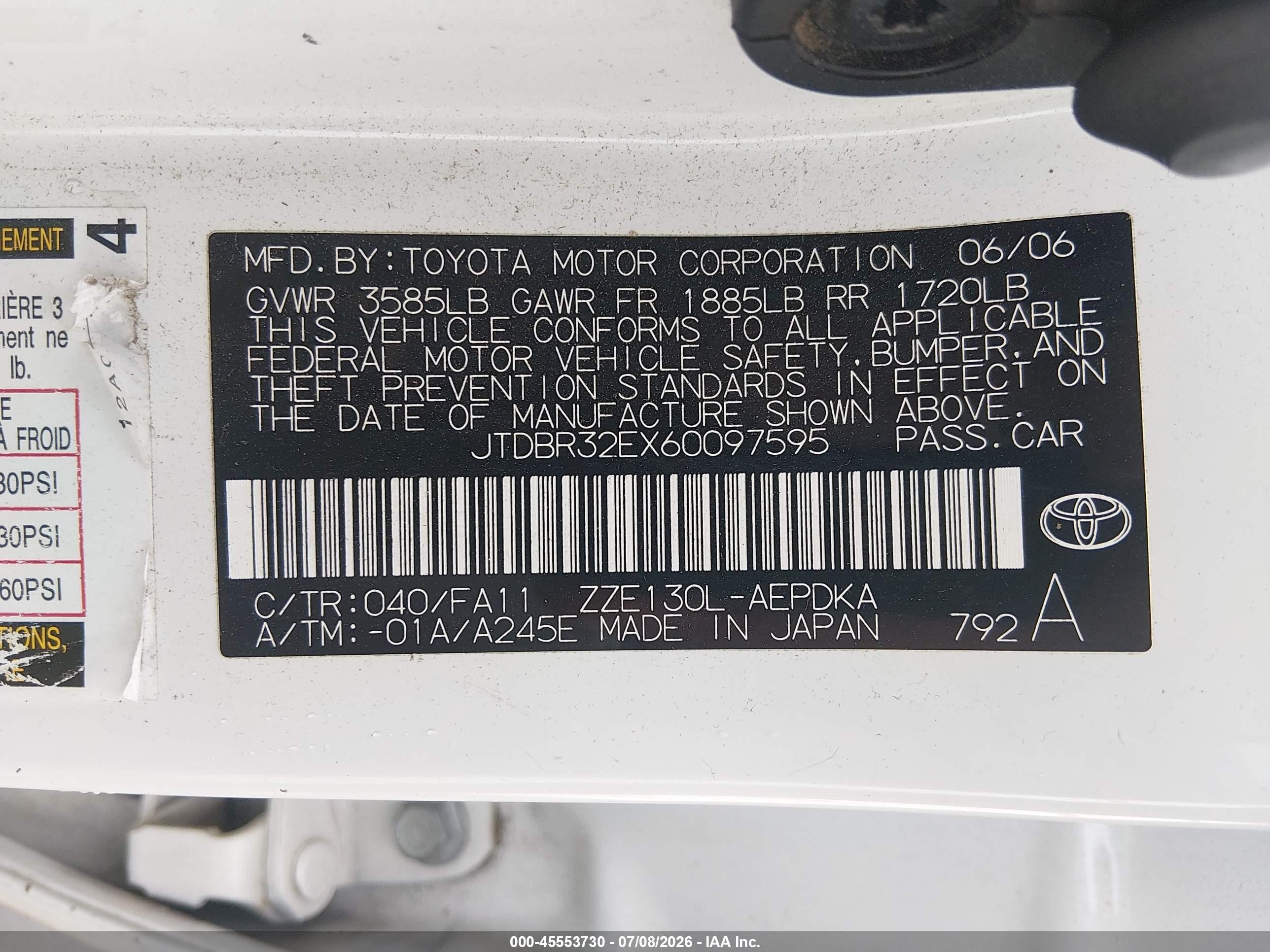2006 Toyota Corolla Ce Белый vin: JTDBR32EX60097595