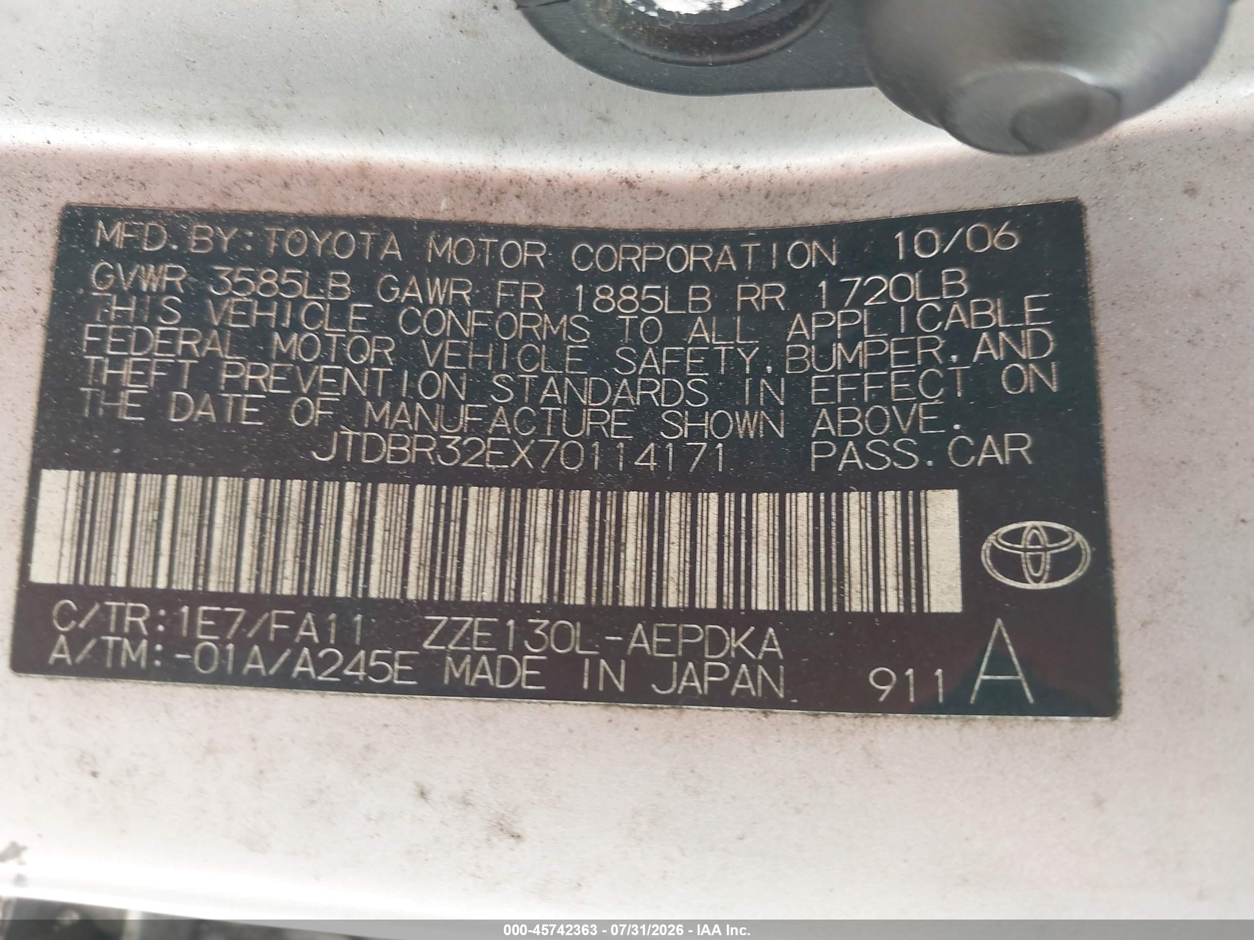 2007 Toyota Corolla Ce Silver vin: JTDBR32EX70114171