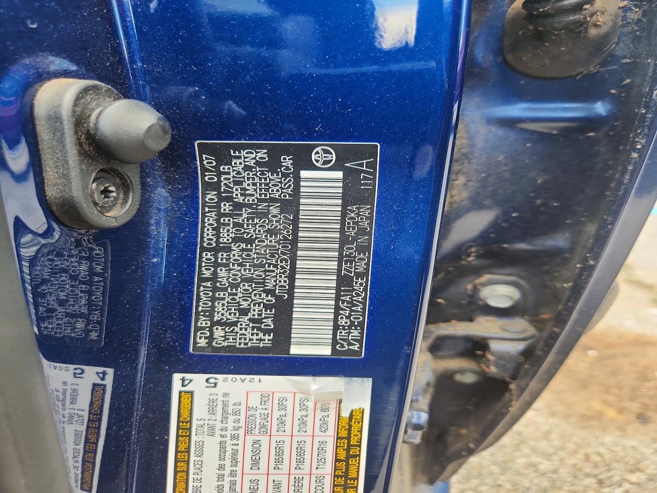 2007 Toyota Corolla Ce Blue vin: JTDBR32EX70126272
