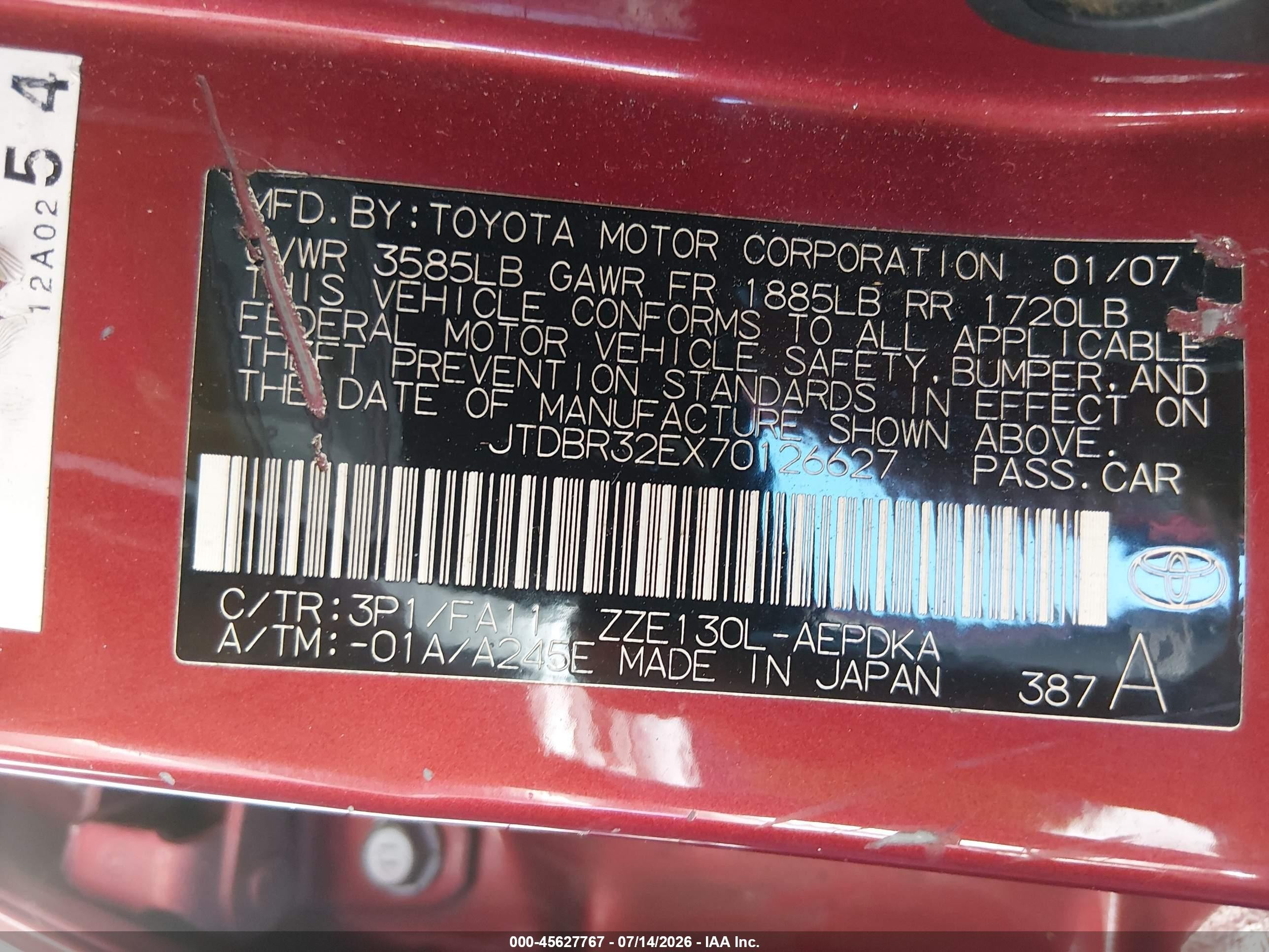 2007 Toyota Corolla Ce Red vin: JTDBR32EX70126627