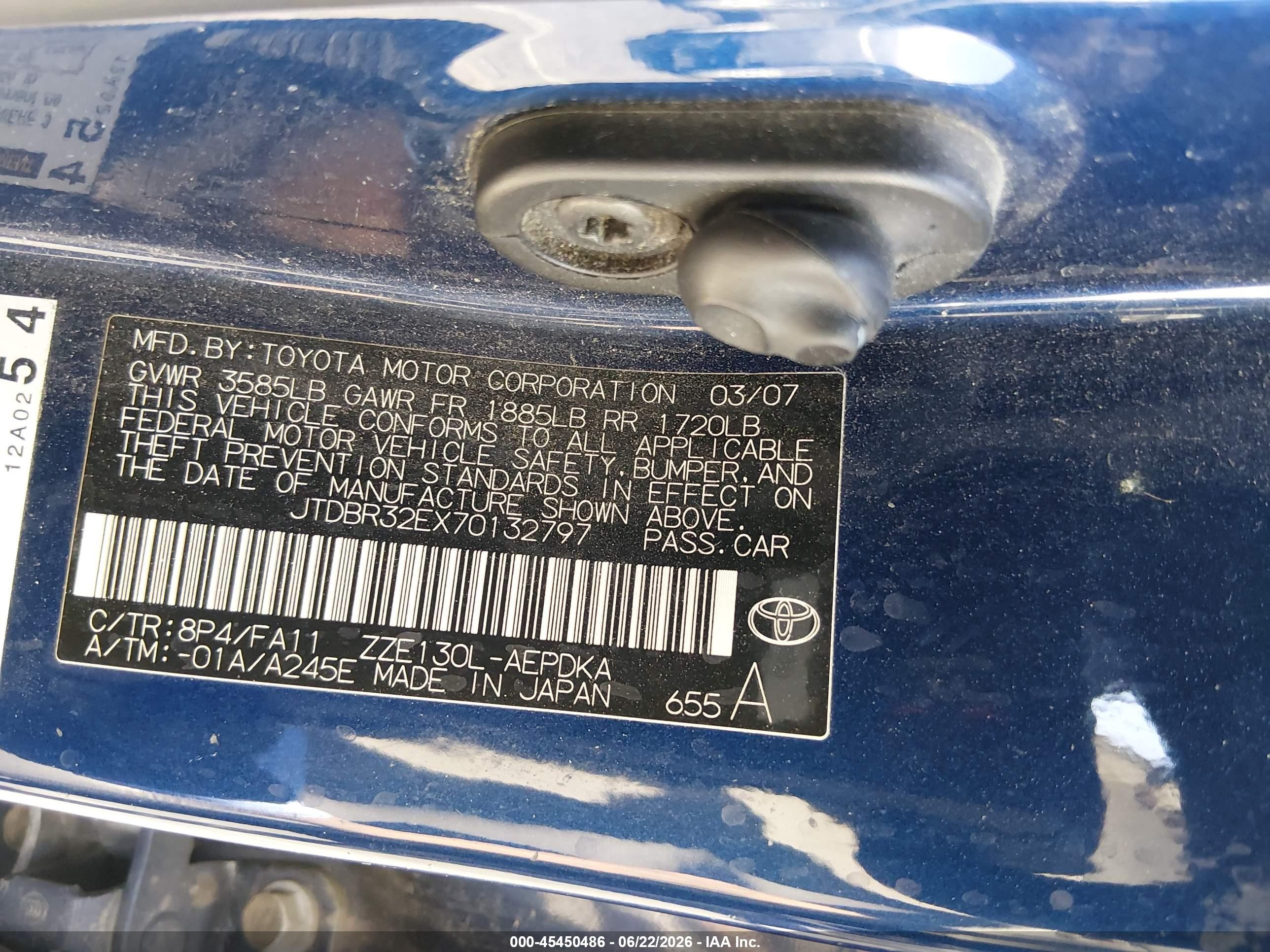 2007 Toyota Corolla Ce Blue vin: JTDBR32EX70132797