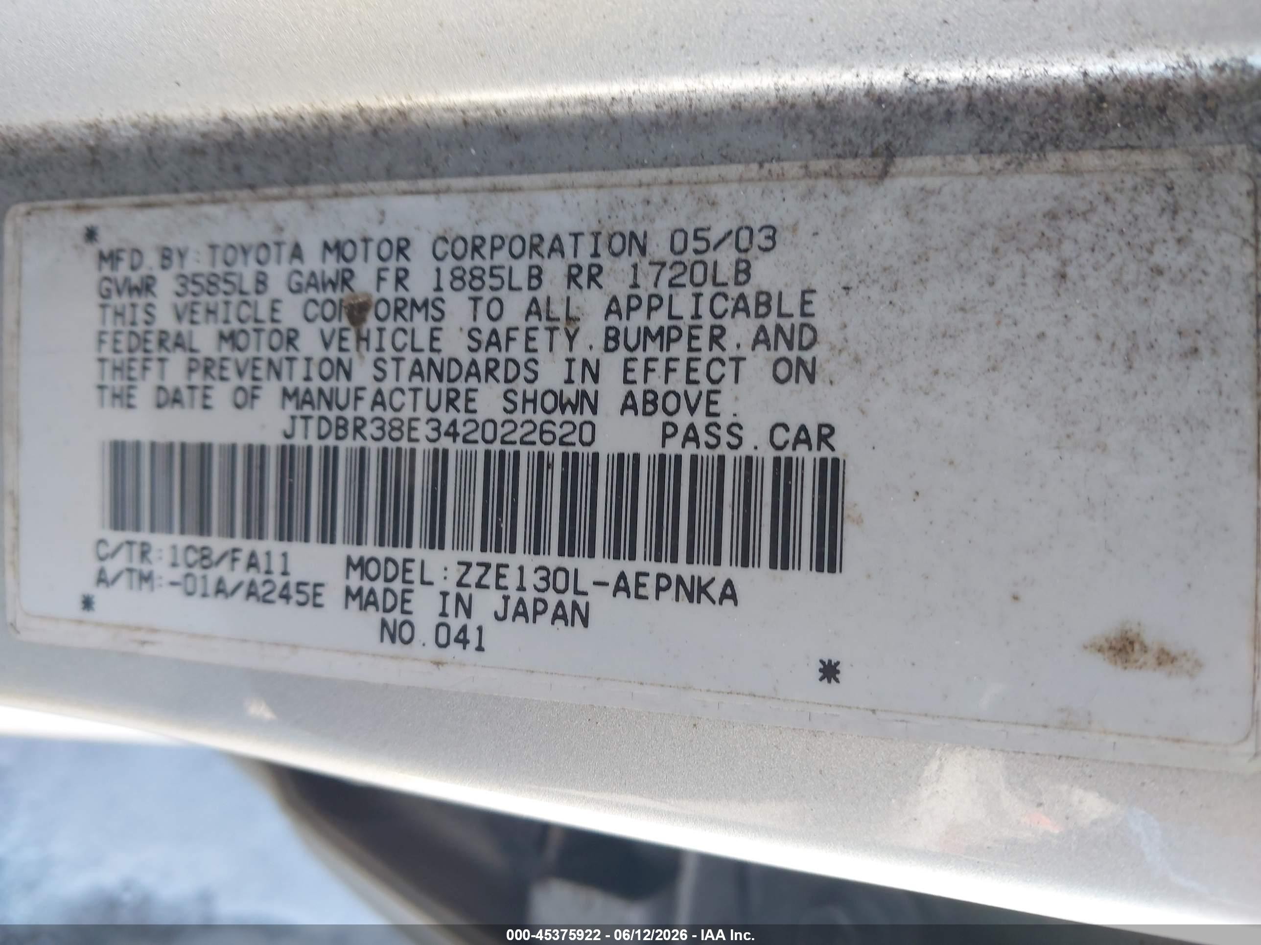 2004 Toyota Corolla Le Silver vin: JTDBR38E342022620