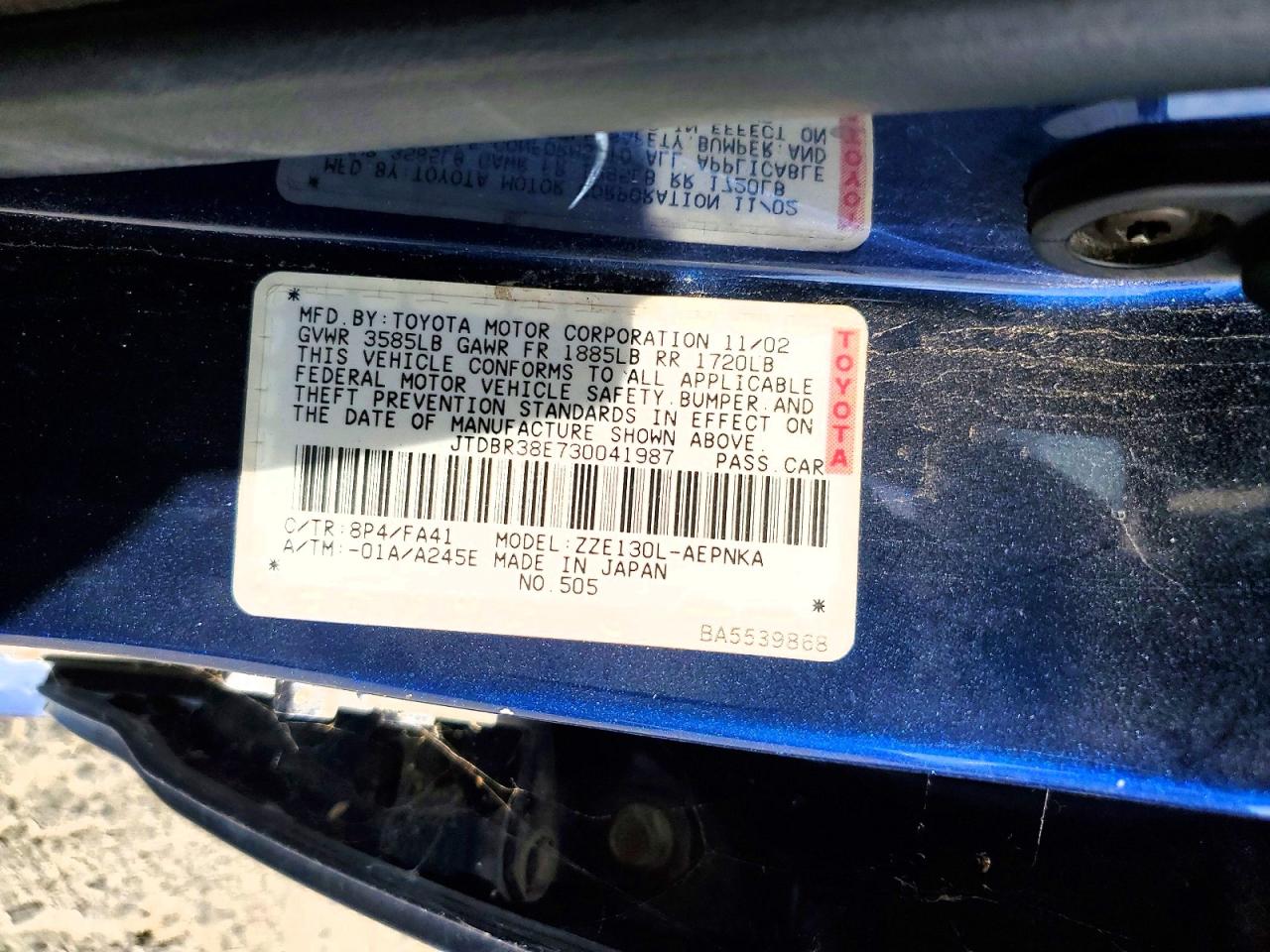 2003 Toyota Corolla Le Blue vin: JTDBR38E730041987