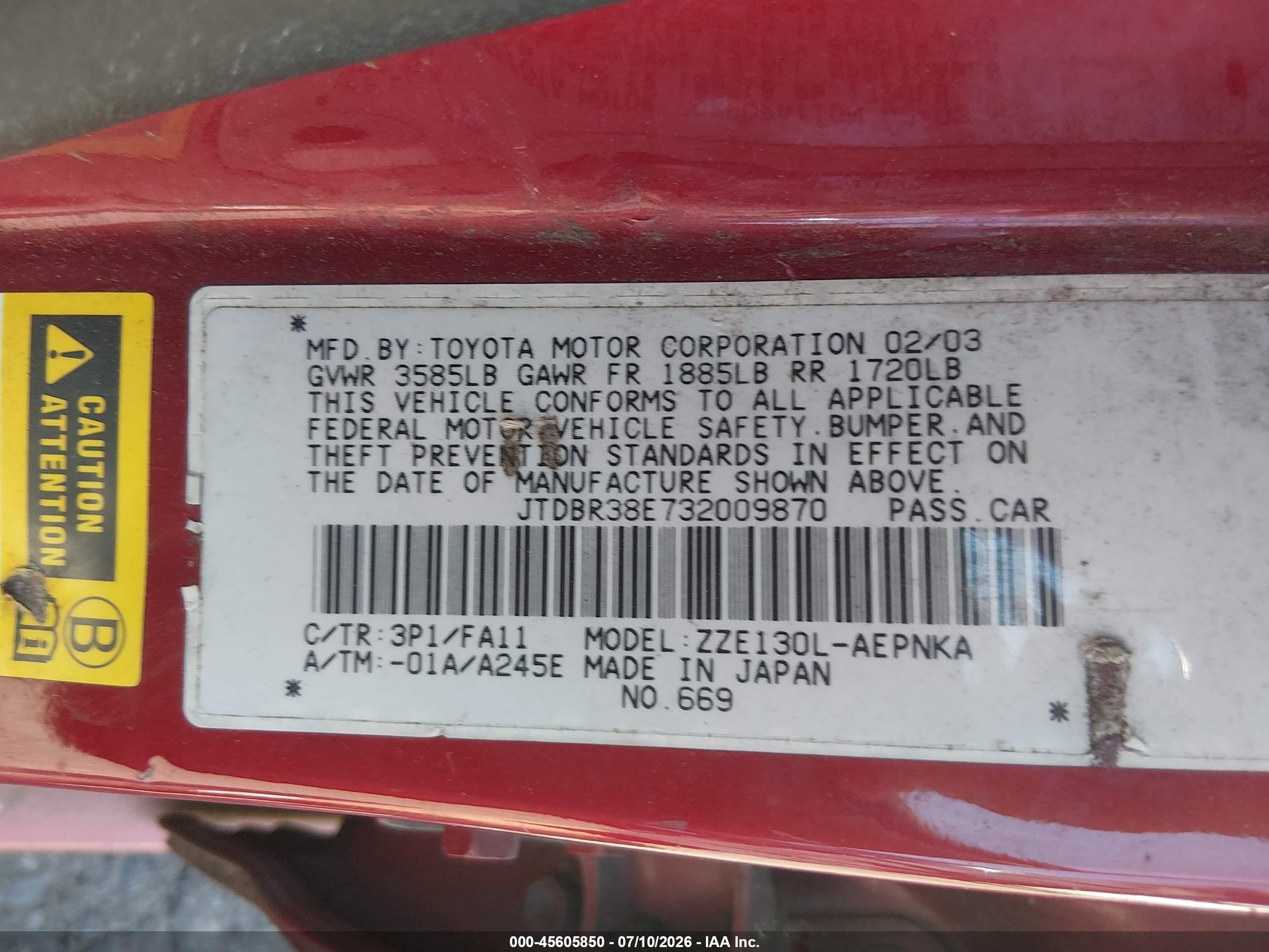 2003 Toyota Corolla Le Red vin: JTDBR38E732009870