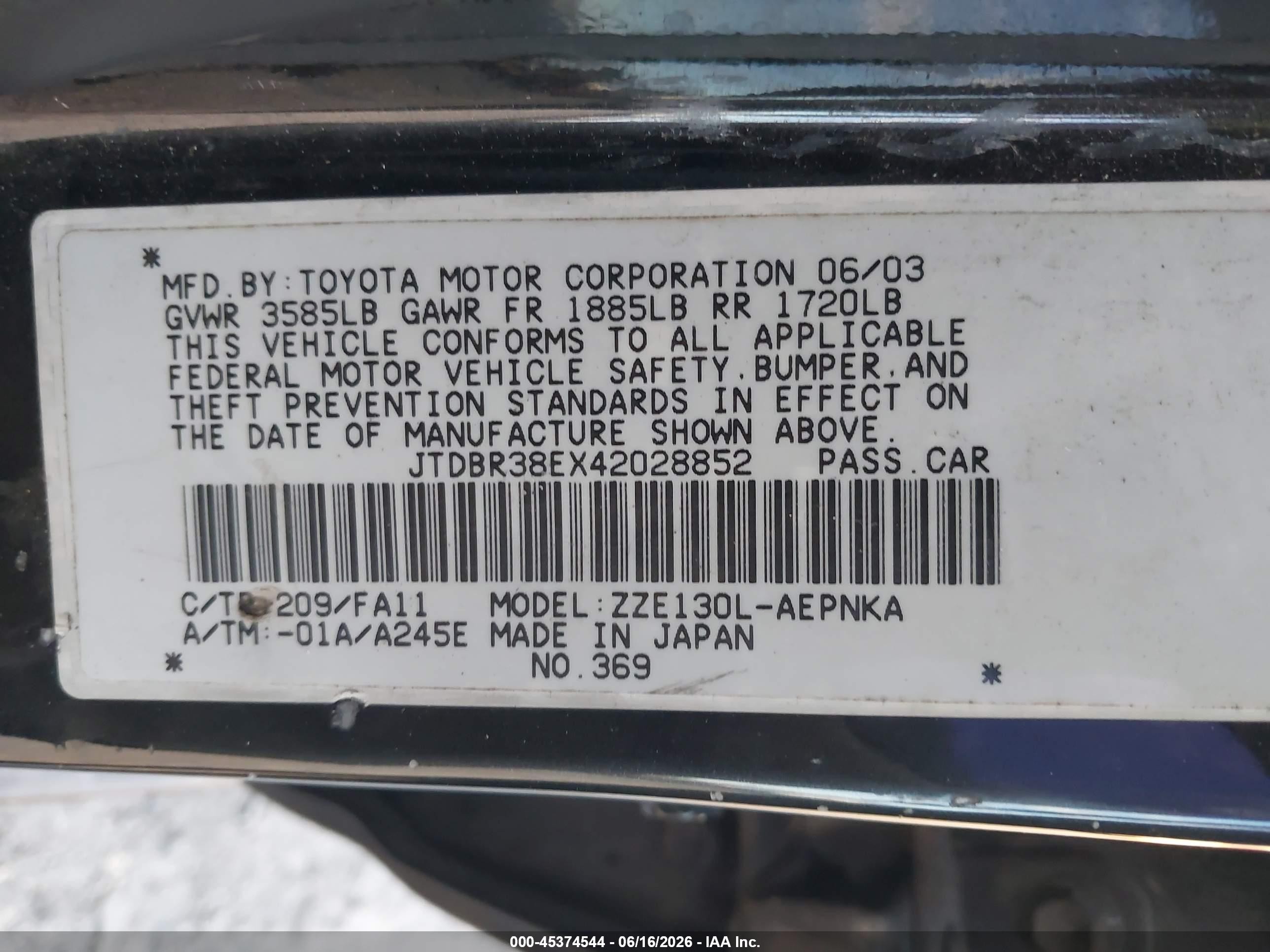 2004 Toyota Corolla Le Black vin: JTDBR38EX42028852