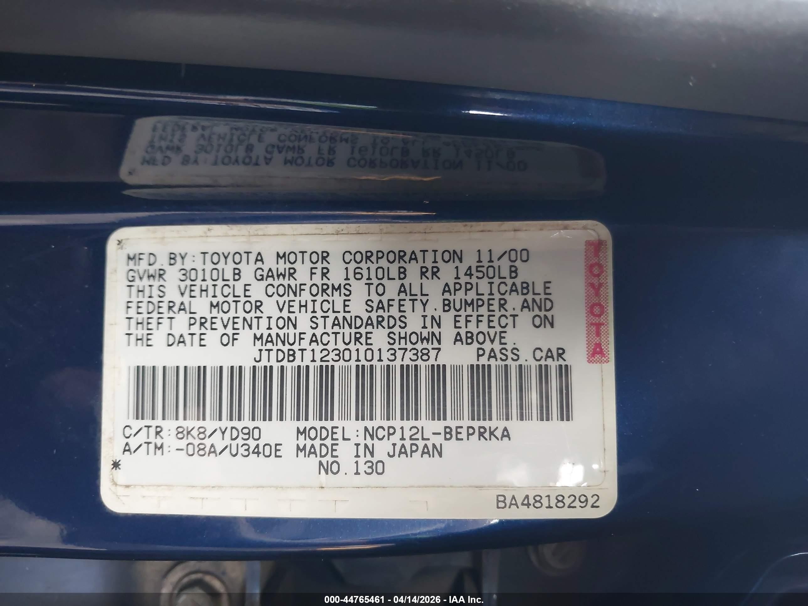 2001 Toyota Echo   Blue vin: JTDBT123010137387