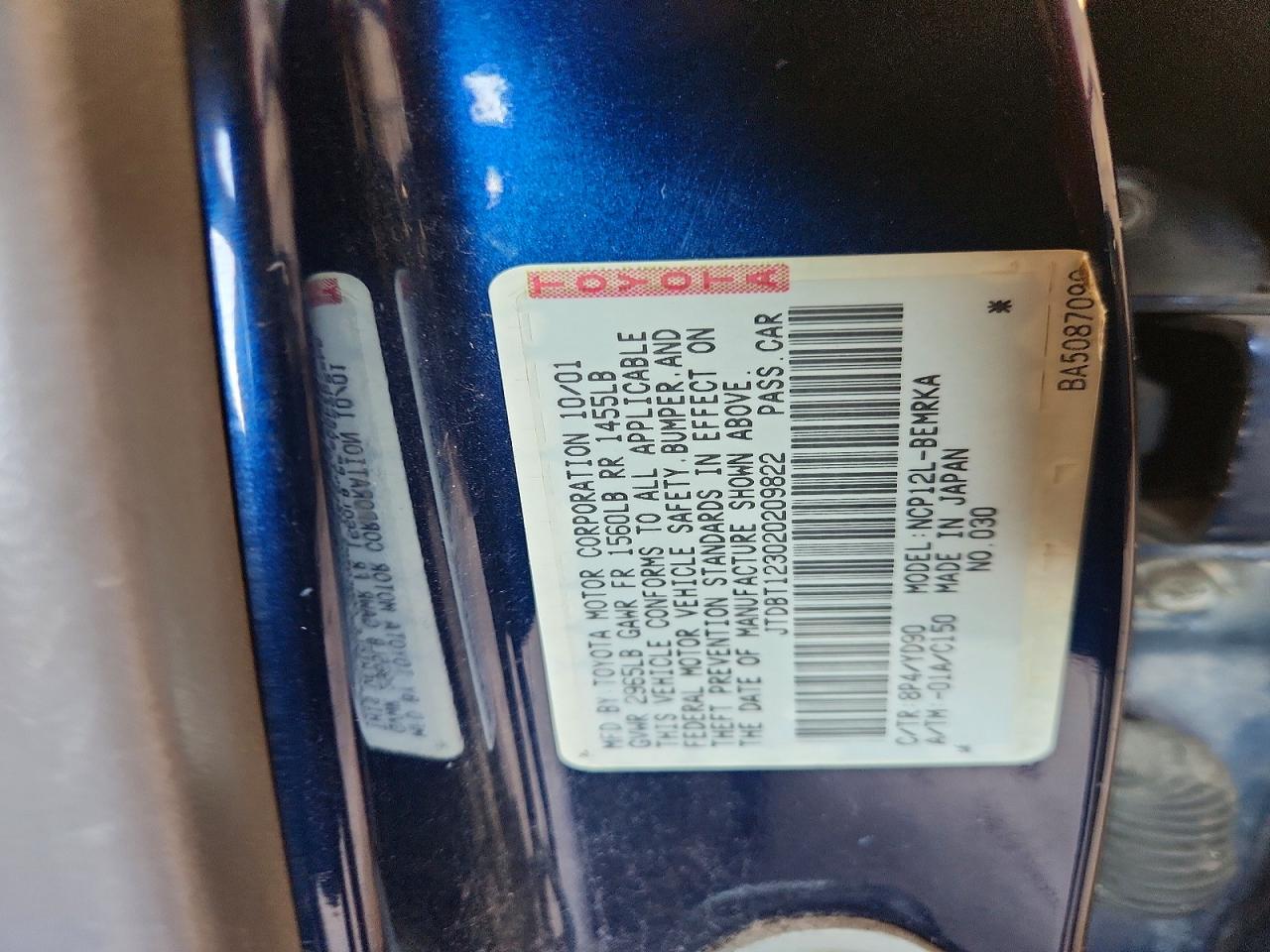 2002 Toyota Echo Base Blue vin: JTDBT123020209822