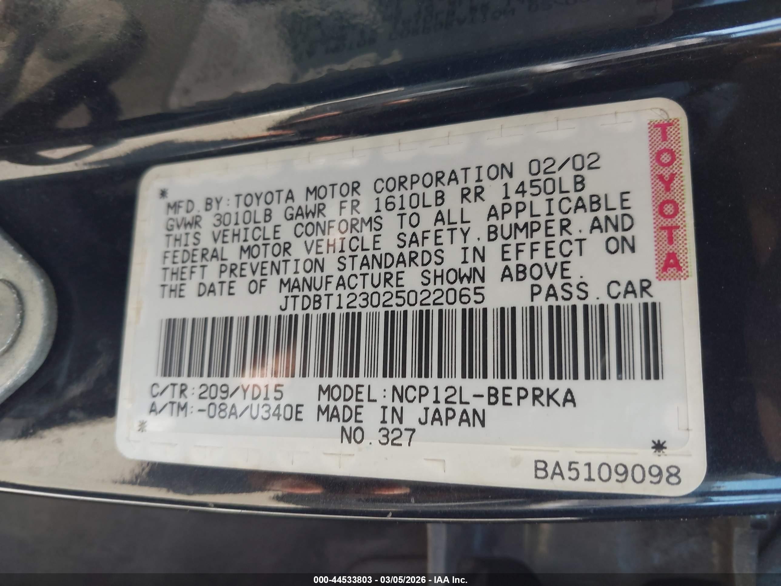 2002 Toyota Echo   Black vin: JTDBT123025022065