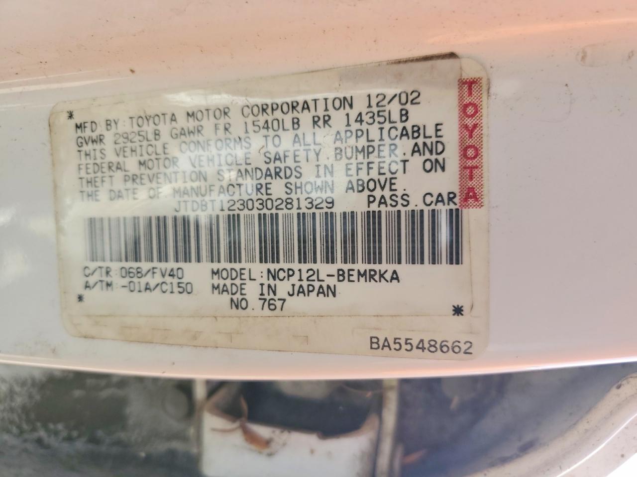 2003 Toyota Echo Base White vin: JTDBT123030281329