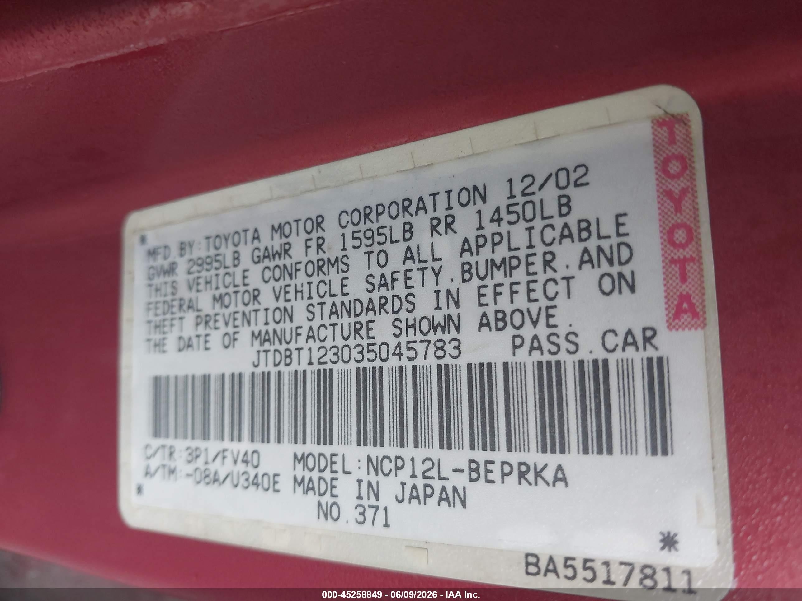 2003 Toyota Echo   Red vin: JTDBT123035045783