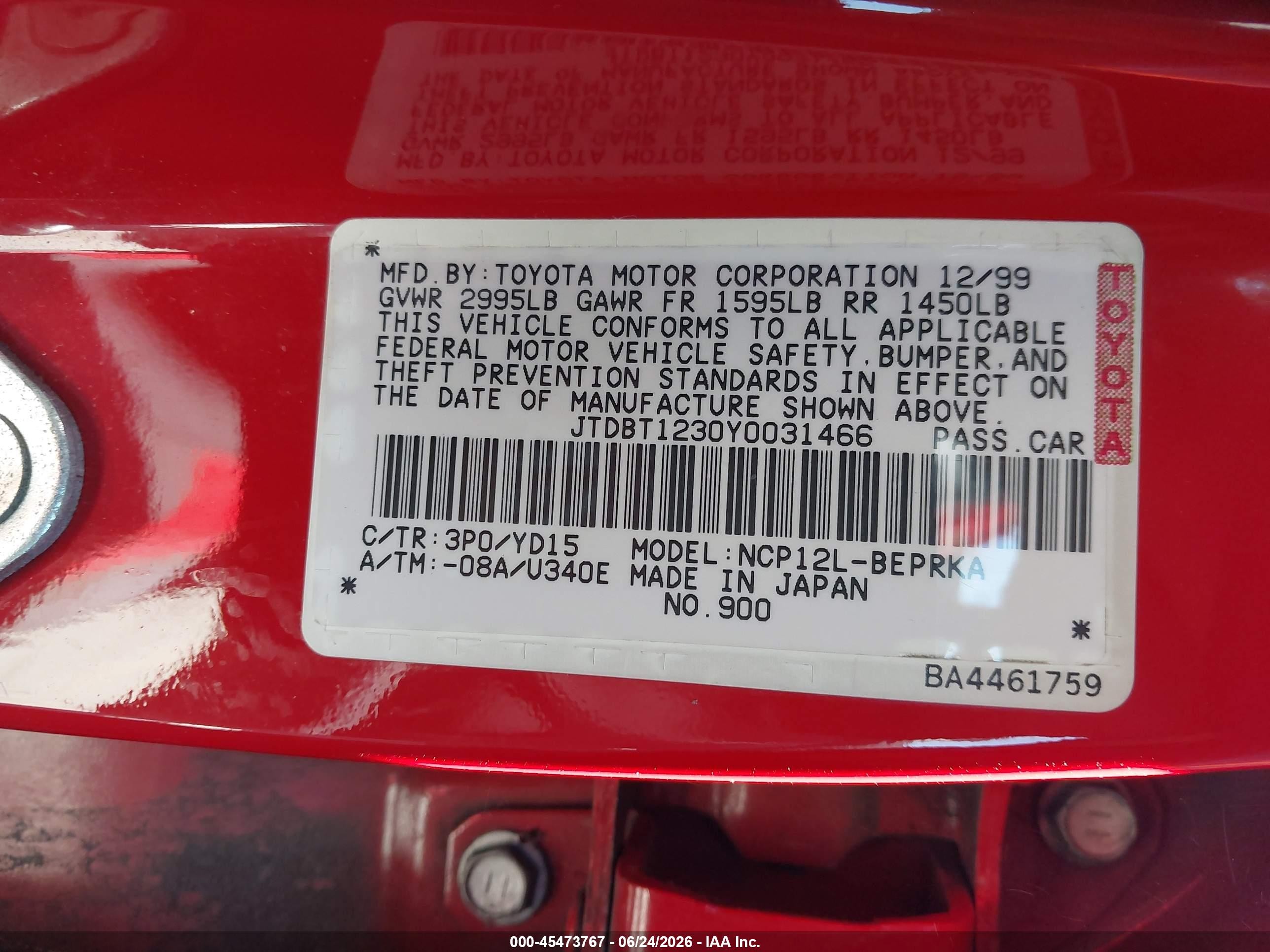 2000 Toyota Echo   Red vin: JTDBT1230Y0031466