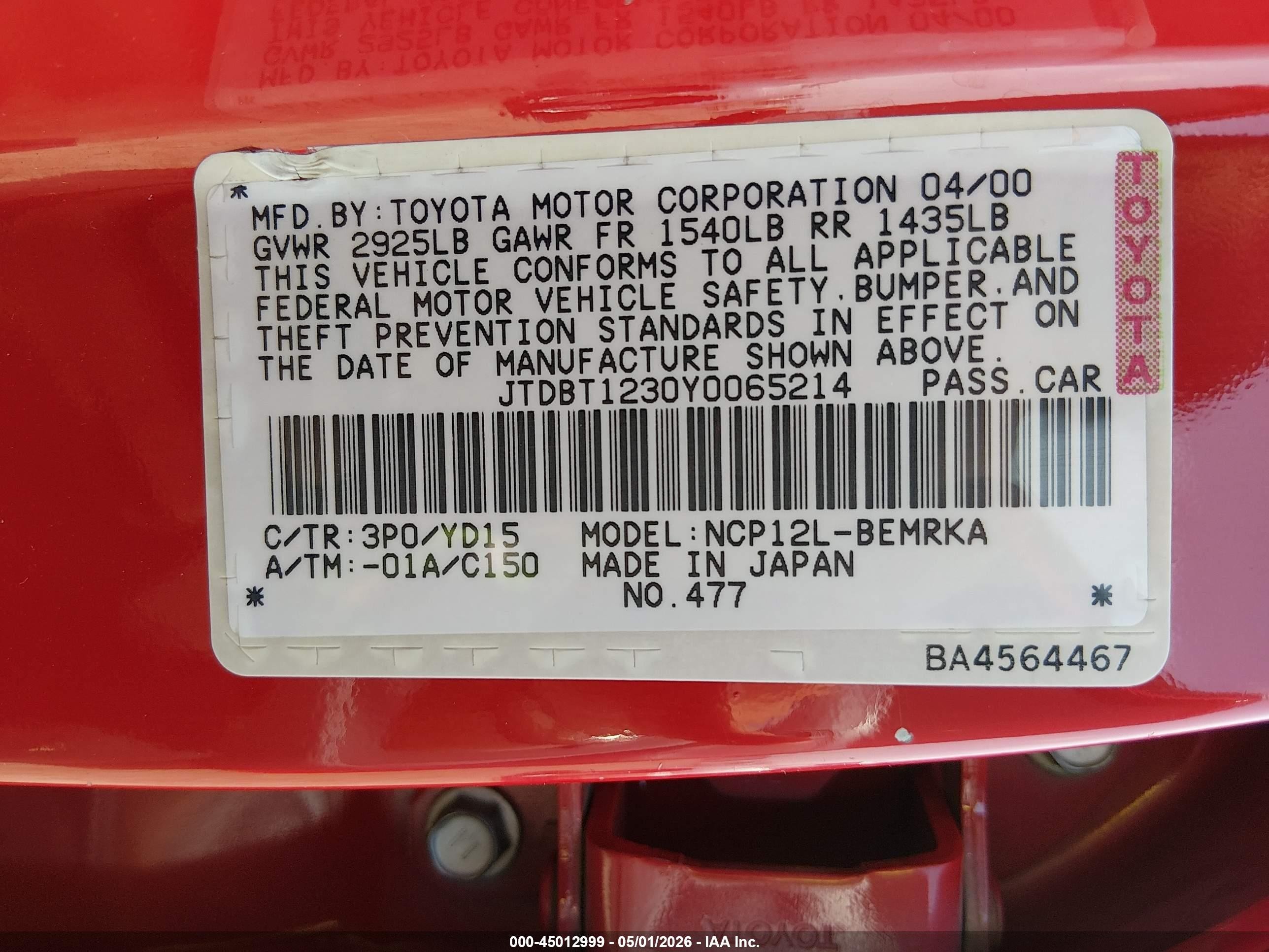 2000 Toyota Echo   Red vin: JTDBT1230Y0065214