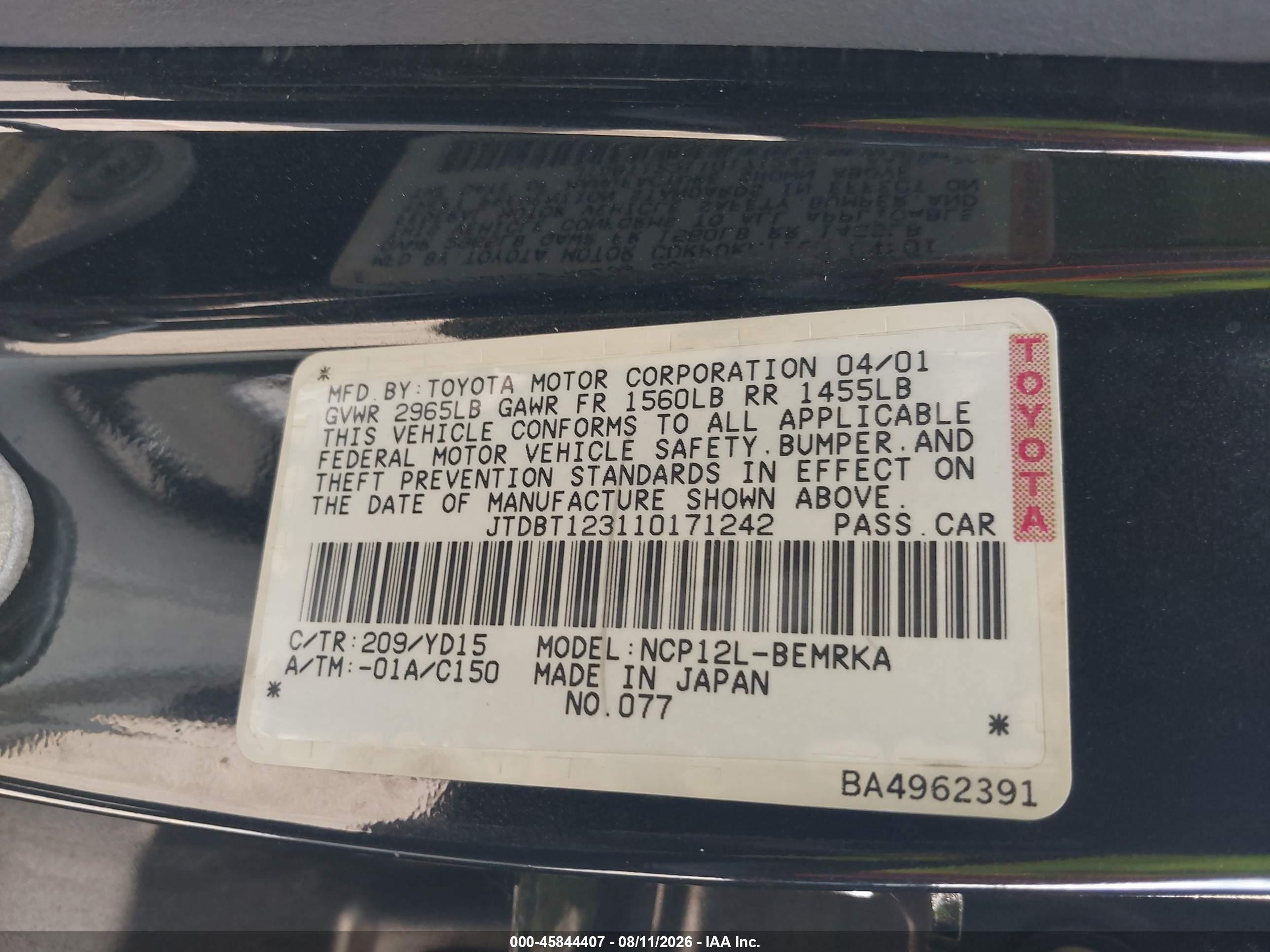 2001 Toyota Echo   Черный vin: JTDBT123110171242