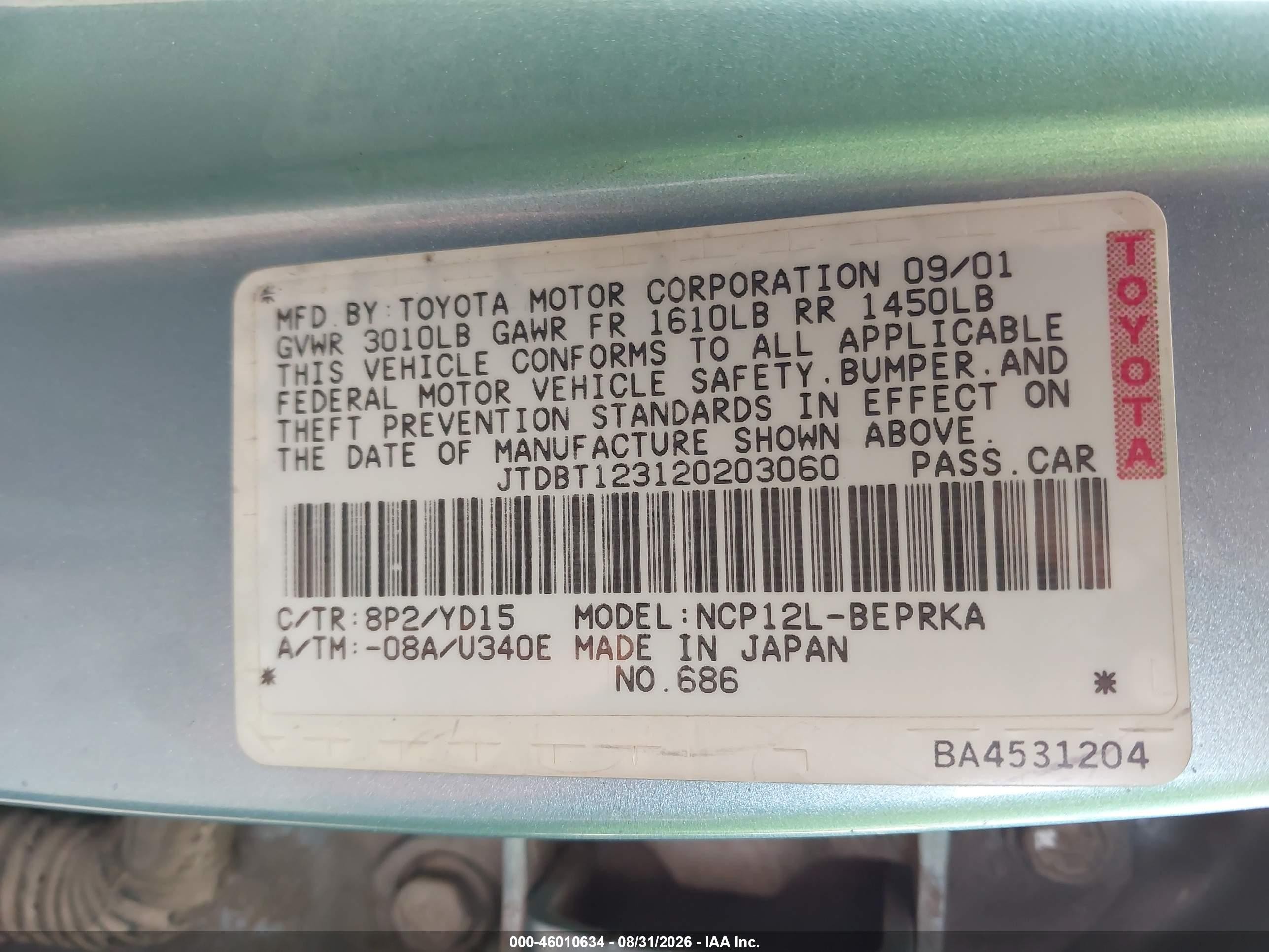 2002 Toyota Echo   Light Blue vin: JTDBT123120203060