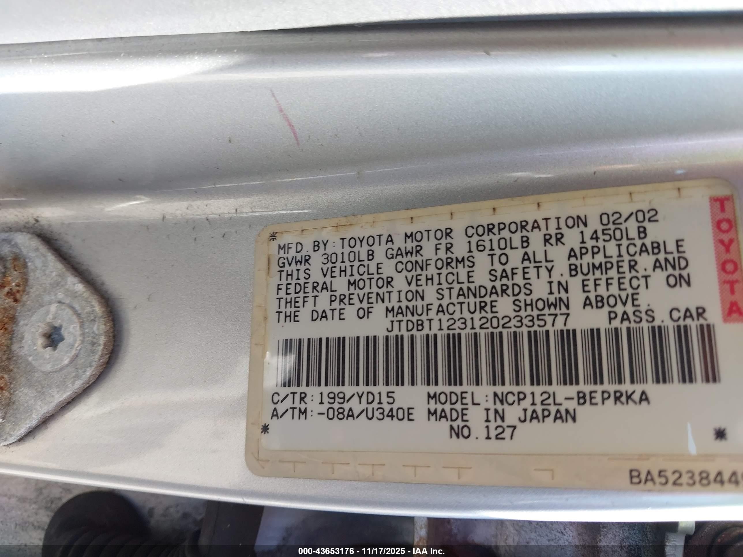 2002 Toyota Echo   Silver vin: JTDBT123120233577